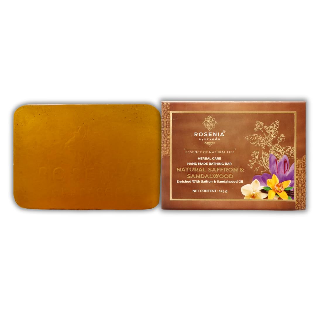Rosenia Ayurveda Natural Saffron & Sandalwood Handmade Soap Bar | Organic Skincare for Dry & Sensitive Skin | Perfect for Daily Bathing, Spa & Gift Sets