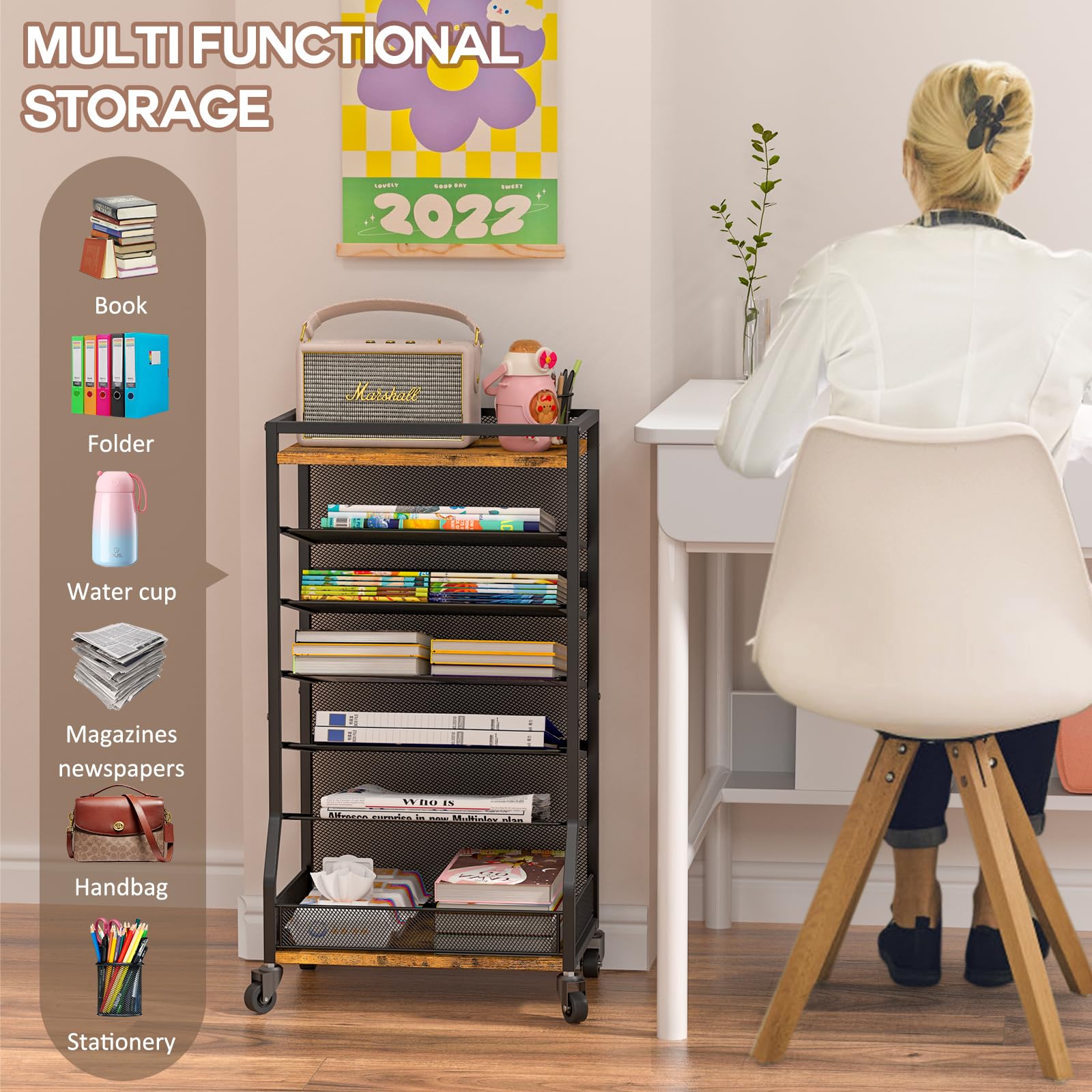 7-Tier Rolling File Cart with Sliding Trays - Wood & Metal File Organizer for Desk - Free-Standing File Holder & Paper Letter Tray Organizer - Mesh Desk Organizer for Home, Office & School (Patent) - Perfect for Document Storage, Office Organization & Classroom Supplies