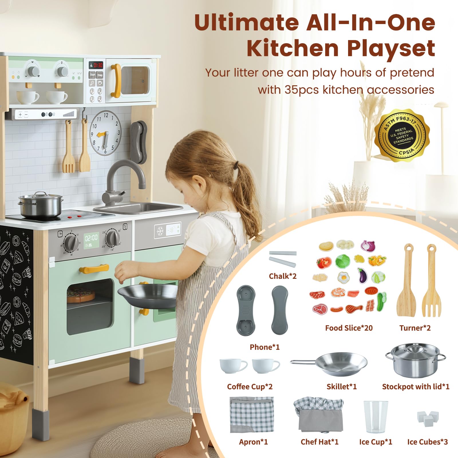 **Wooden Play Kitchen Set for Kids - Adjustable Height Pretend Toy with Real Lights & Sounds, Chalkboard & 35-Piece Toy Food & Cookware Accessories (Green) - Perfect for Pretend Play, Role-Playing & Early Learning**