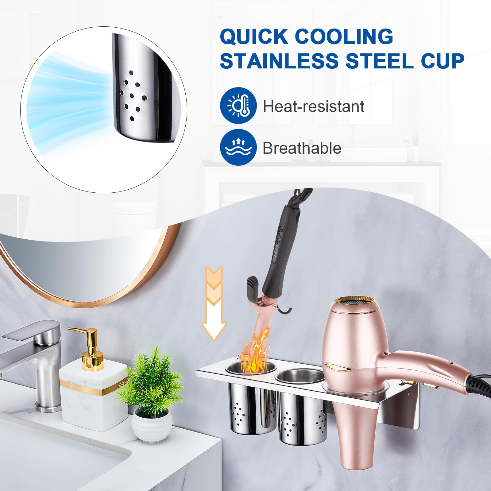 Wall Mount Hair Tool Organizer - Stainless Steel Hair Dryer & Curling Iron Holder with 2 Storage Cups | Bathroom Vanity Organizer for Blow Dryer, Flat Iron & Brushes | Perfect for Salon-Style Home Bathroom Organization