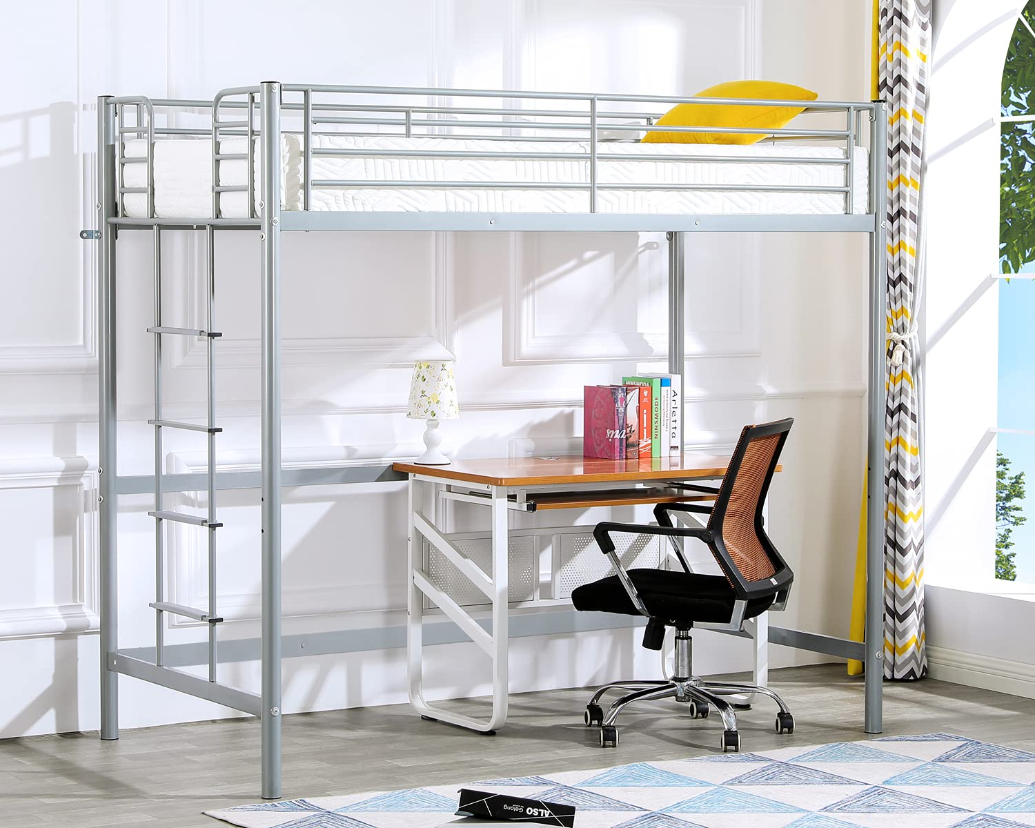 Bonnlo Twin Size Metal Loft Bed for Kids with Ladder - Space Saving Gray Loft Bed for Small Rooms, Perfect for Kids Bedroom, Dorm or Guest Room