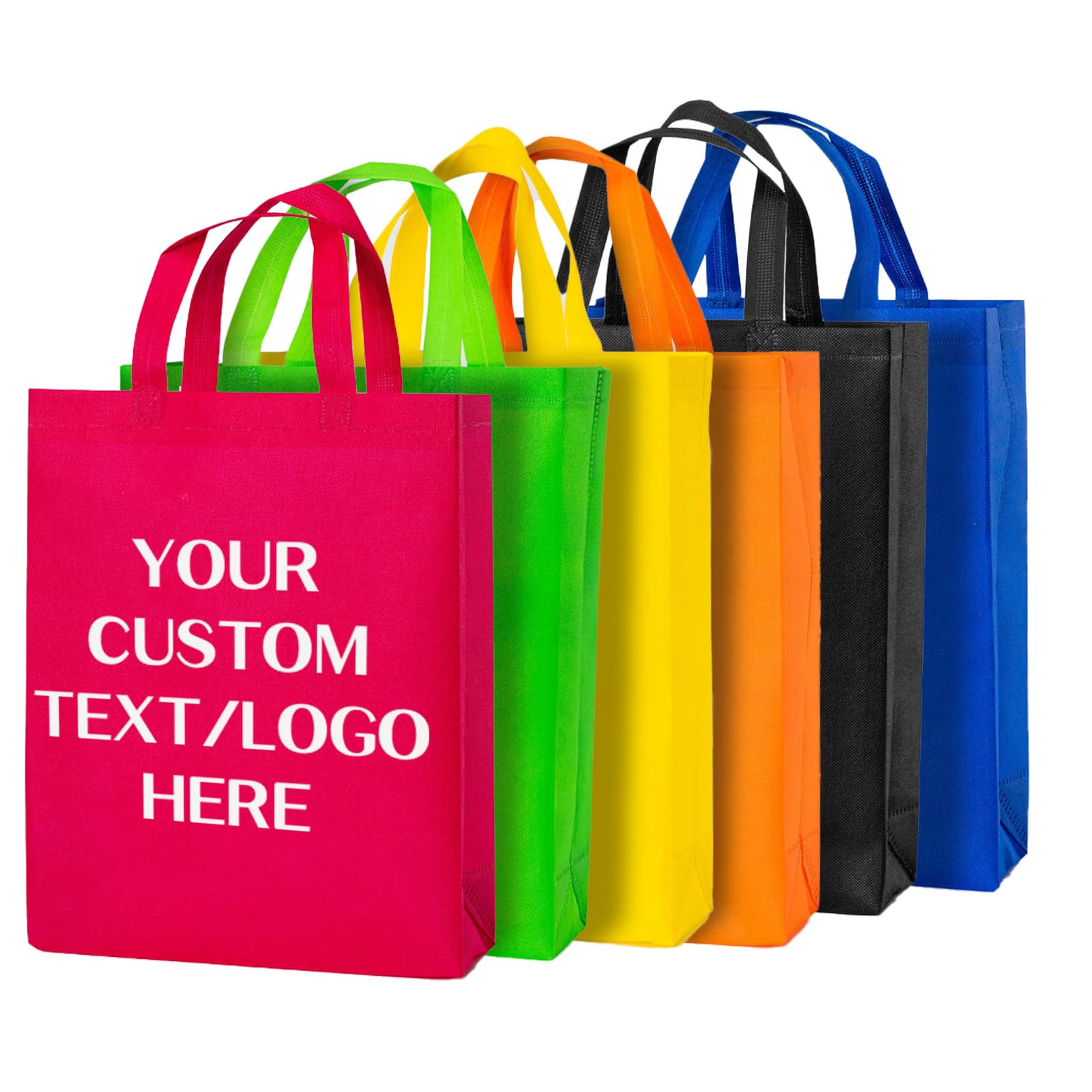 Custom Printed Non-Woven Reusable Tote Bags - Bulk 100 Pack with Logo/Text Options in 4 Sizes - Heavy Duty Shopping Bags for Groceries, Events & Promotions