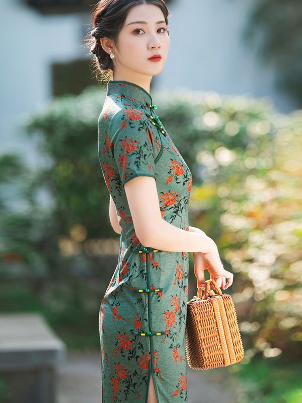 2022 Spring Green Floral Modern Cheongsam Qi Pao Dress - Elegant Chinese Traditional Dress for Women, Perfect for Weddings, Parties & Special Occasions