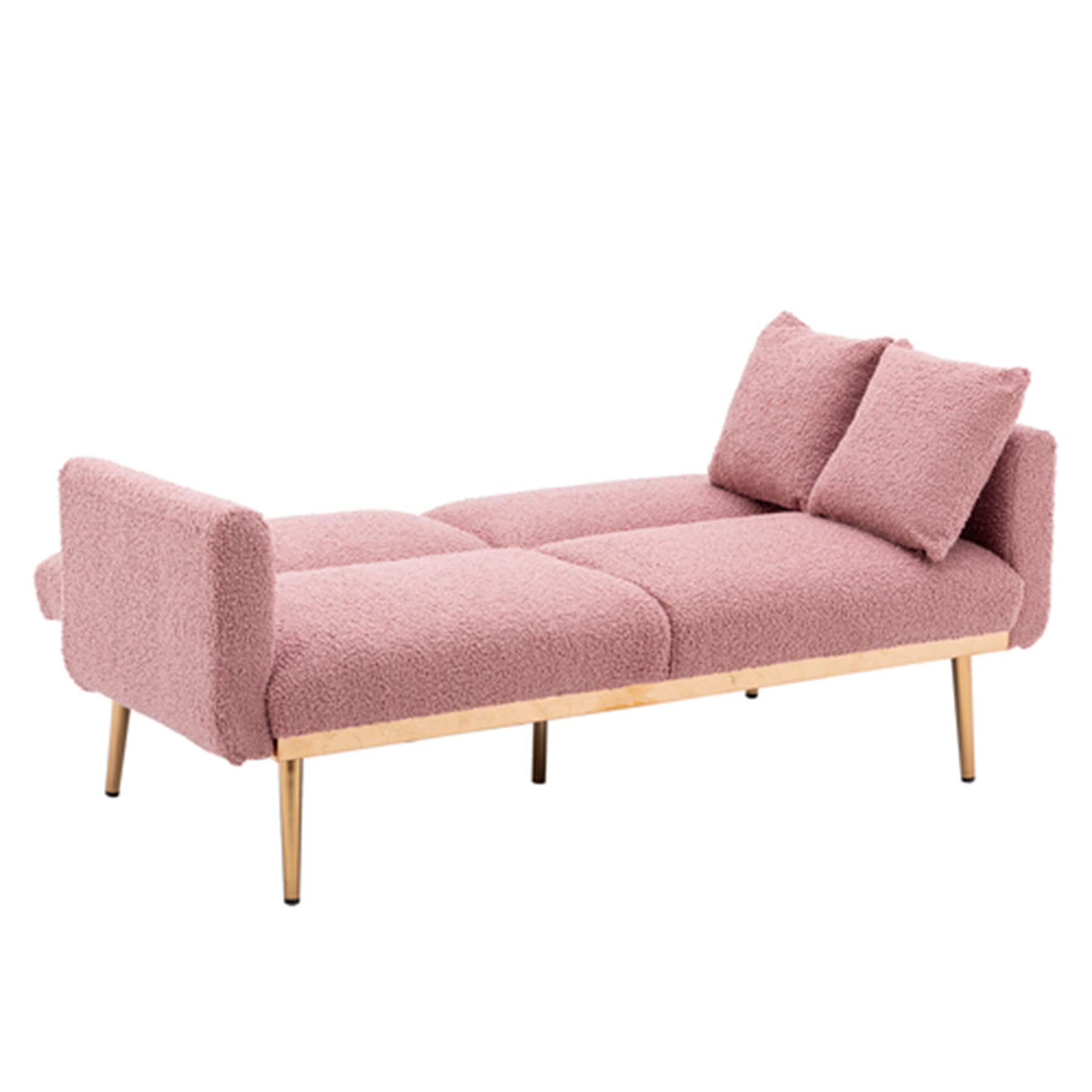 Convertible Futon Sofa Bed - Teddy Upholstered Folding Sleeper Sofa with Adjustable Backrest & 2 Pillows | Button Tufted Loveseat Couch with Sturdy Metal Legs | Perfect for Living Room, Bedroom, Office & Small Spaces (Brushed Pink)