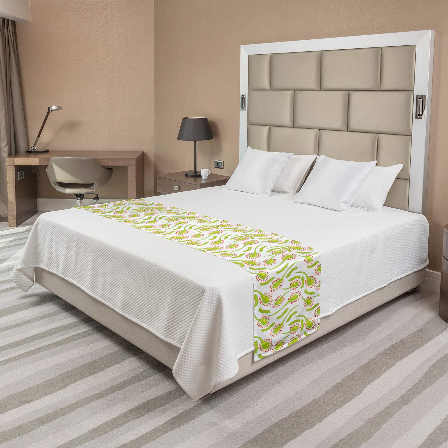 Ambesonne Foliage Bed Runner - Sundew Plant & Larva Doodle Carnivorous Plant Design, Decorative Bed Scarf for Queen King Beds, Apple Green Vermilion - Perfect for Hotel Rooms, Home Decor & Guest Bedrooms