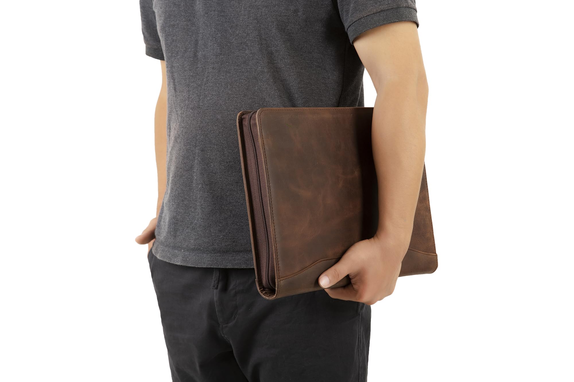 Premium Leather Portfolio with 3-Ring Binder - Personalized Zippered Executive Padfolio & Organizer - Custom Engraved Leather Folder for Men & Women (Dark Khaki) - Perfect for Business Meetings, Corporate Gifts & Professional Presentations