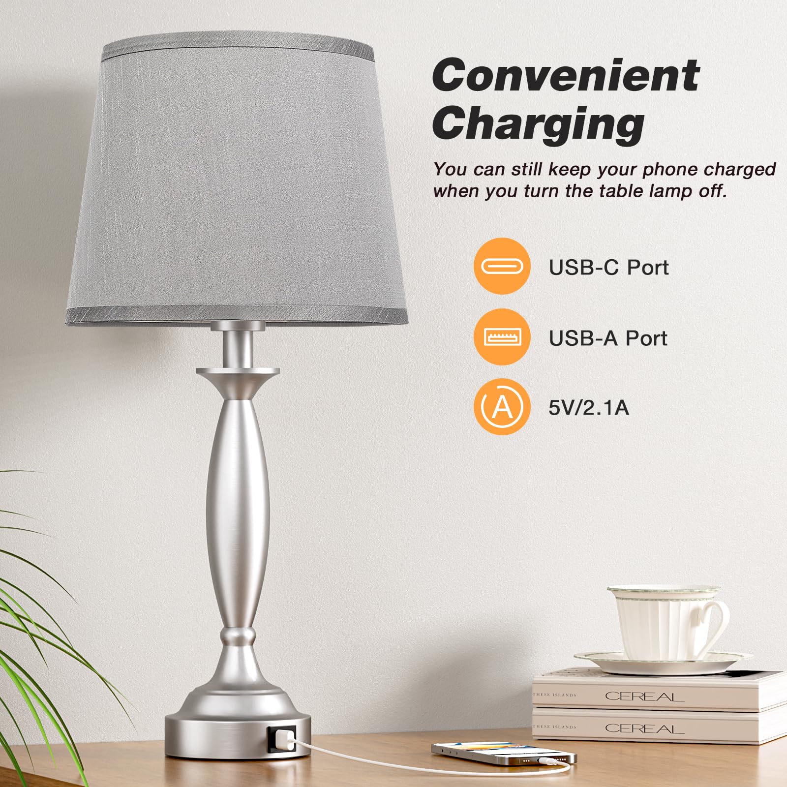 Touch Lamps for Bedroom Set of 2 - USB C+A Charging Bedside Lamps, 3-Way Dimmable Nightstand Lamps with LED Bulbs for Living Room & Bedroom - Perfect for Reading, Relaxing & Charging Devices