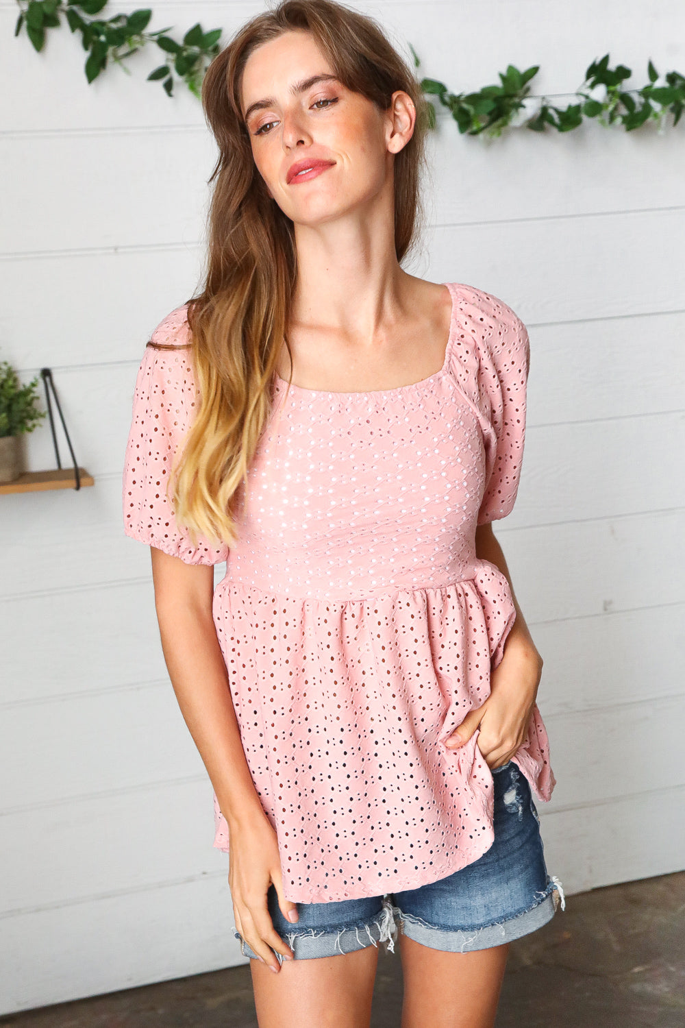 Mauve Eyelet Puff Sleeve Babydoll Top for Women - Floral Lace Summer Blouse, Cute Casual & Party Wear, Perfect for Dates, Vacations and Outdoor Events