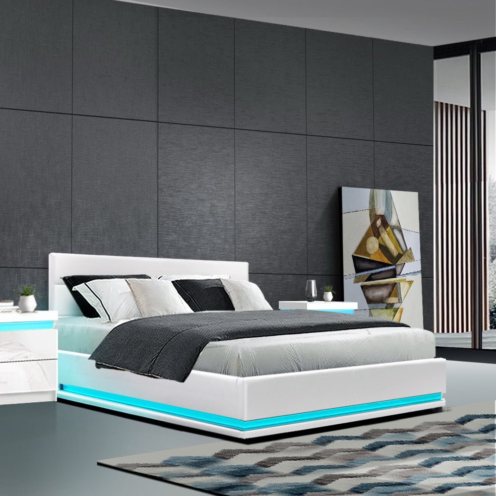 Henley Double Gas Lift Storage Bed Frame with LED Lights - White | Modern Platform Bed with Hidden Storage & Adjustable Lighting for Bedroom