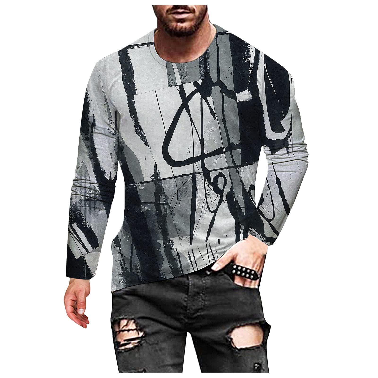 ZHDD Men's Long Sleeve T-Shirt - Vintage Abstract Print Crewneck Tee for Fall Streetwear & Workout | Casual, Athletic & Retro Style