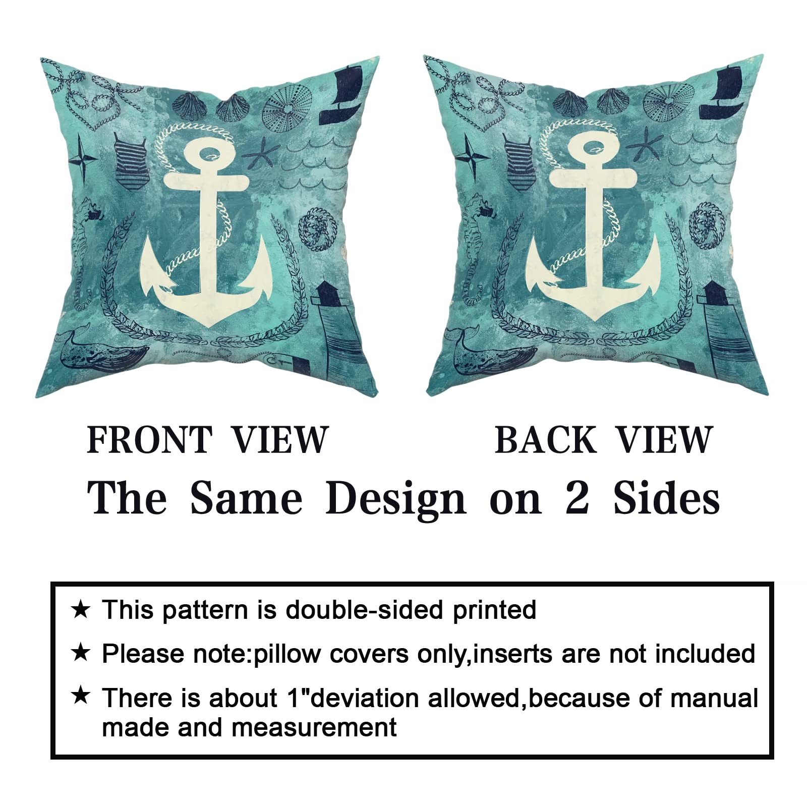 2PCS White Anchor Pillow Cases 18x18 Inch - Nautical Blue Throw Pillow Covers for Couch, Sofa, Bed - Boat Theme Decorative Cushion Covers for Bedroom, Living Room & Outdoor Use - Set of 2 Home Decor Accents