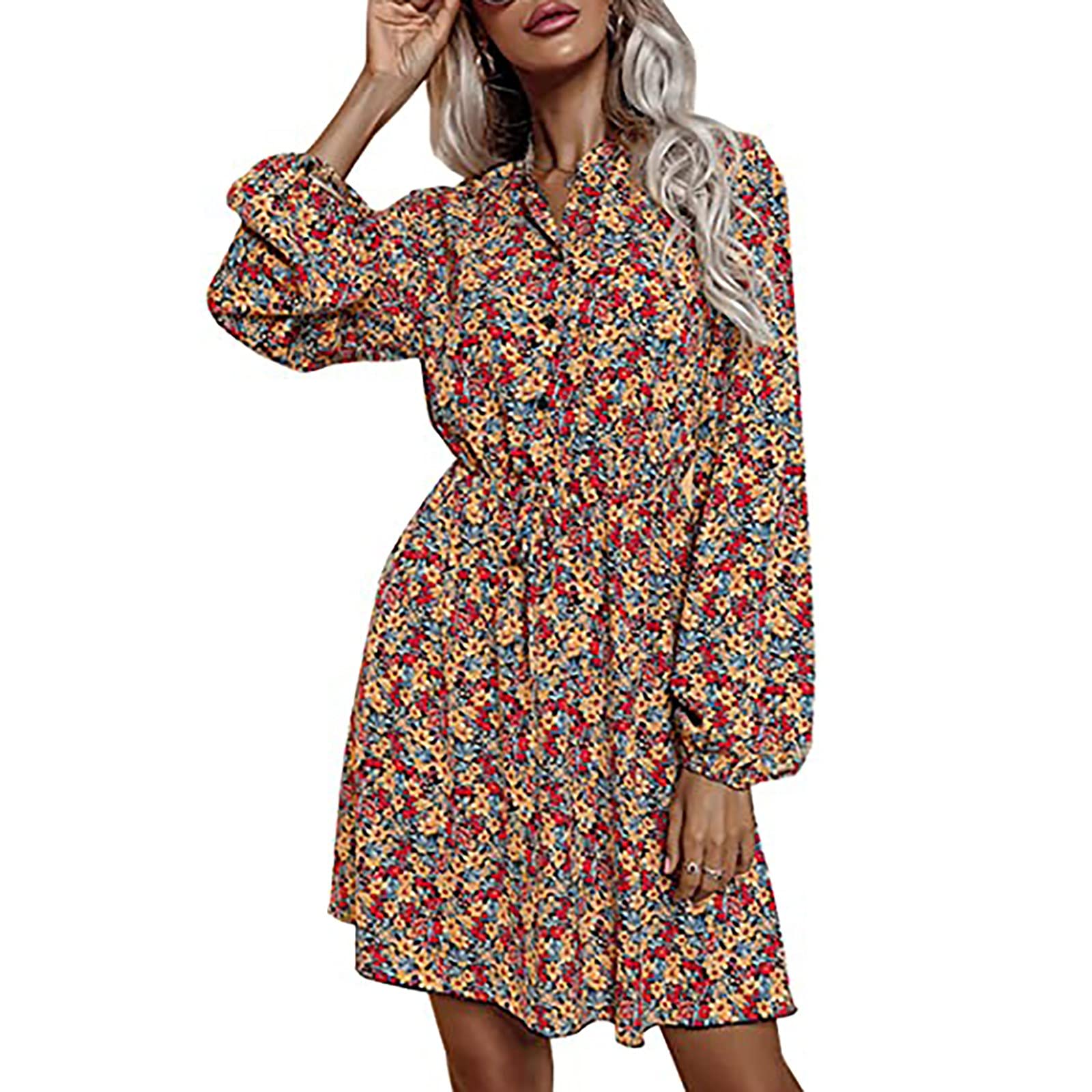Sinifer Women's Mini Floral Print Chiffon Dress Long Sleeve Button Down V-Neck Casual Party Dress for Fall & Winter - Perfect for Office, Date Night, and Special Occasions