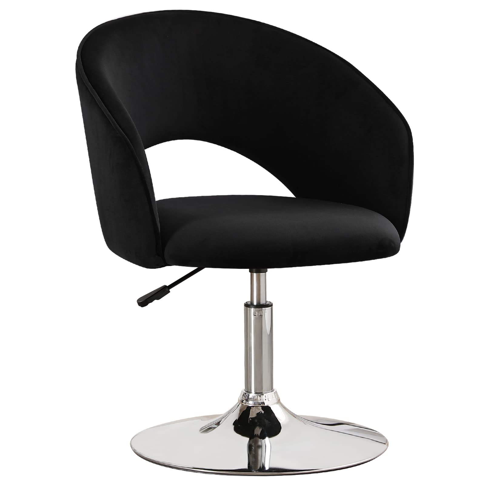 Furnimart Adjustable Black Velvet Vanity Chair with Back - Swivel Makeup Stool with Chrome Frame & Hollow Backrest - Accent Chair for Living Room, Bedroom, Dressing Table - Perfect for Makeup, Reading & Relaxing (Black)