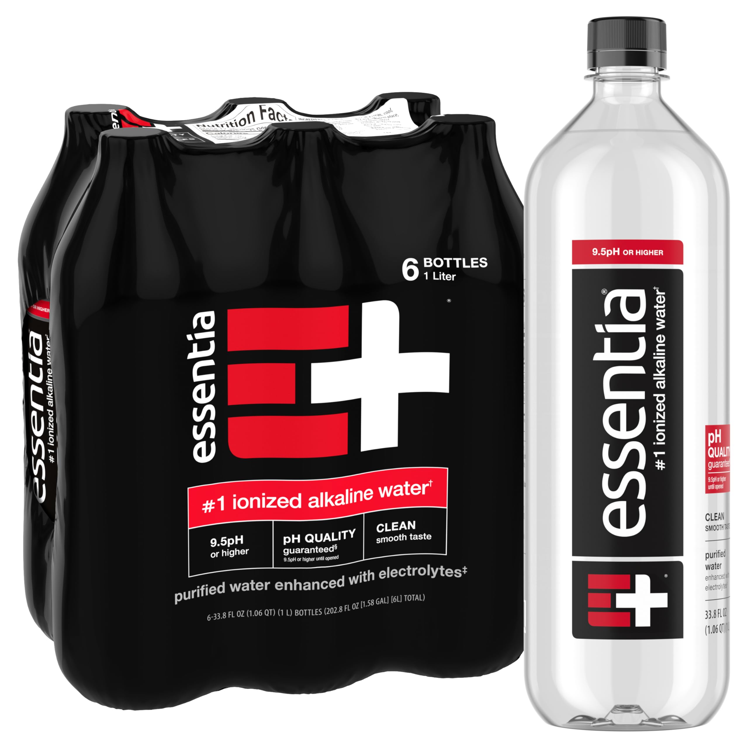 Essentia Alkaline Water Bottles 1 Liter (Pack of 6) - 99.9% Pure, Electrolyte-Infused, pH 9.5+ Ionized Water for Hydration & Smooth Taste | Perfect for Fitness, Yoga & Daily Wellness
