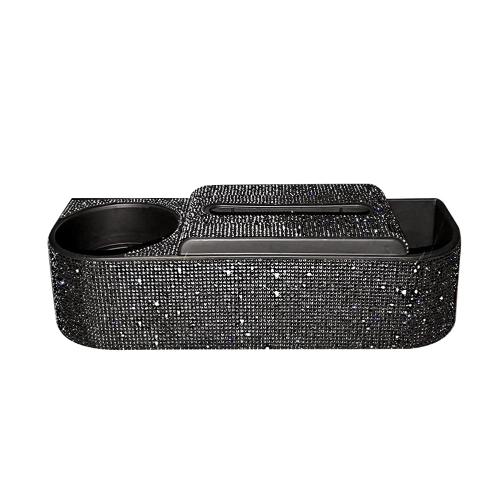3-in-1 Multifunctional Car Seat Gap Organizer with Rhinestone Decor & Cup Holder - Black Car Storage Accessory for Tissues, Phones & Small Items | Perfect for Sedans, SUVs & Road Trips