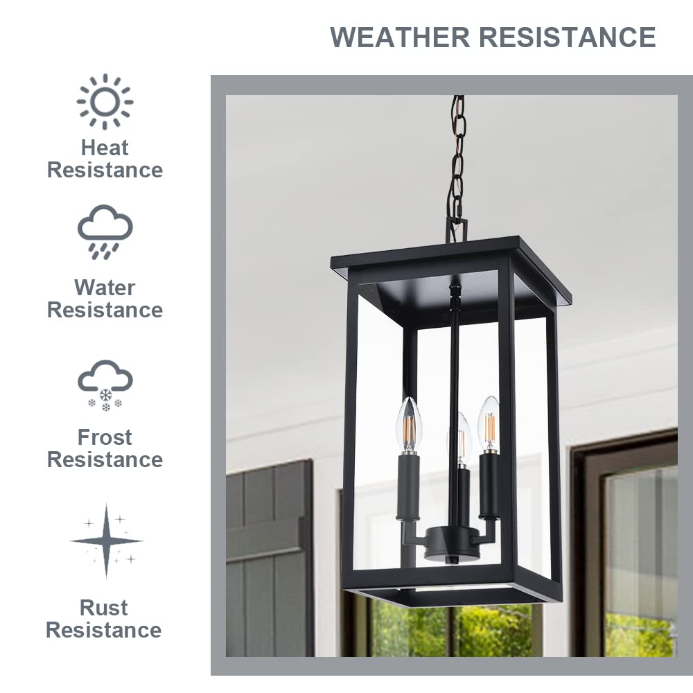 Black Outdoor Pendant Lantern - E12 Candle Chandelier with 3 Lights - Large Exterior Hanging Light Fixture with Clear Glass & Adjustable Height - Perfect for Indoor Entryway, Porch, Patio & Garden Lighting