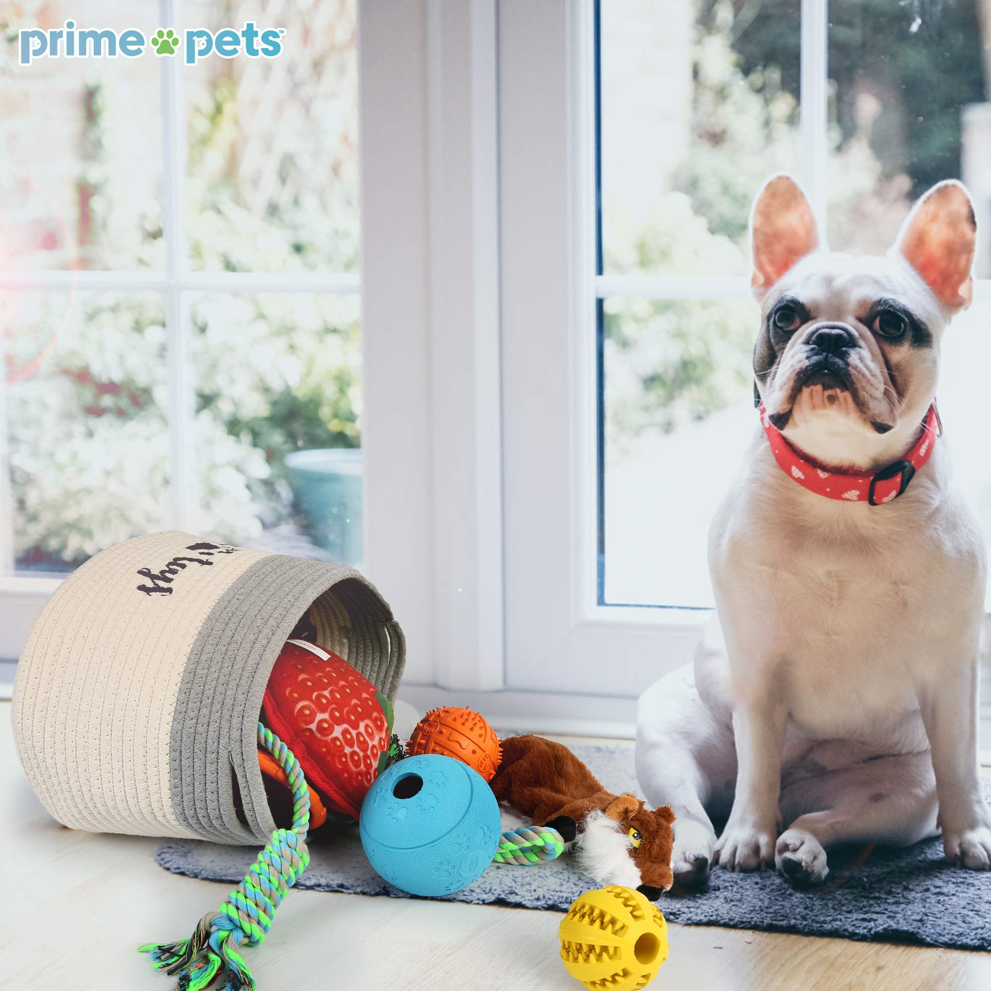 PrimePets Cotton Rope Dog Toy Basket - Small Woven Storage Bin with Handles for Dog Toys (15x10x9 inches) - White and Grey Pet Organizer for Living Room, Bedroom & Pet Play Areas