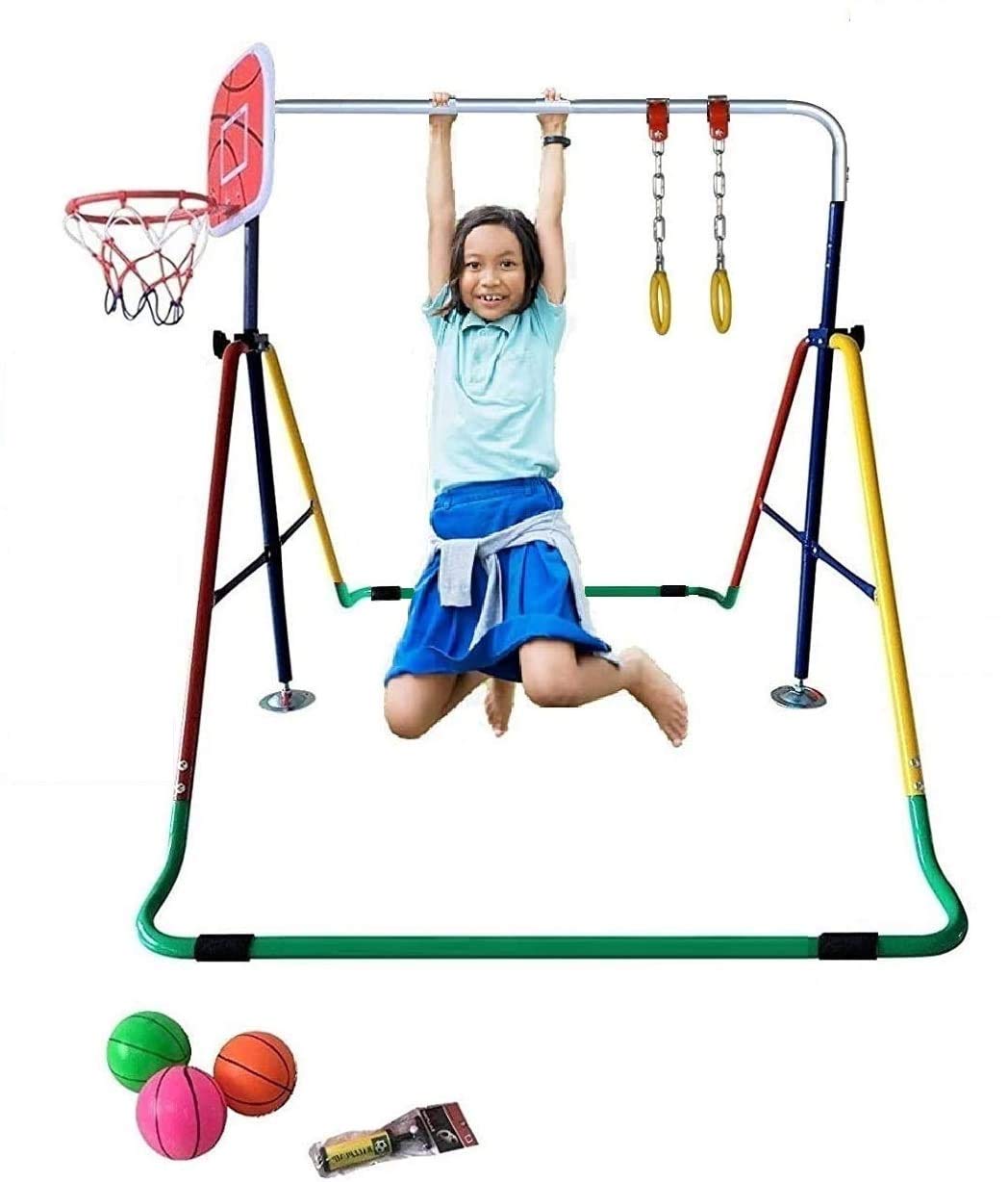 4-in-1 Kids Gymnastics Bar Set with Horizontal Bar, Kip Bar, Monkey Bars & Deluxe Swing - Includes Trapeze Rings, Basketball Hoop & 3 Mini Balls for Indoor/Outdoor Playground & Backyard Fun