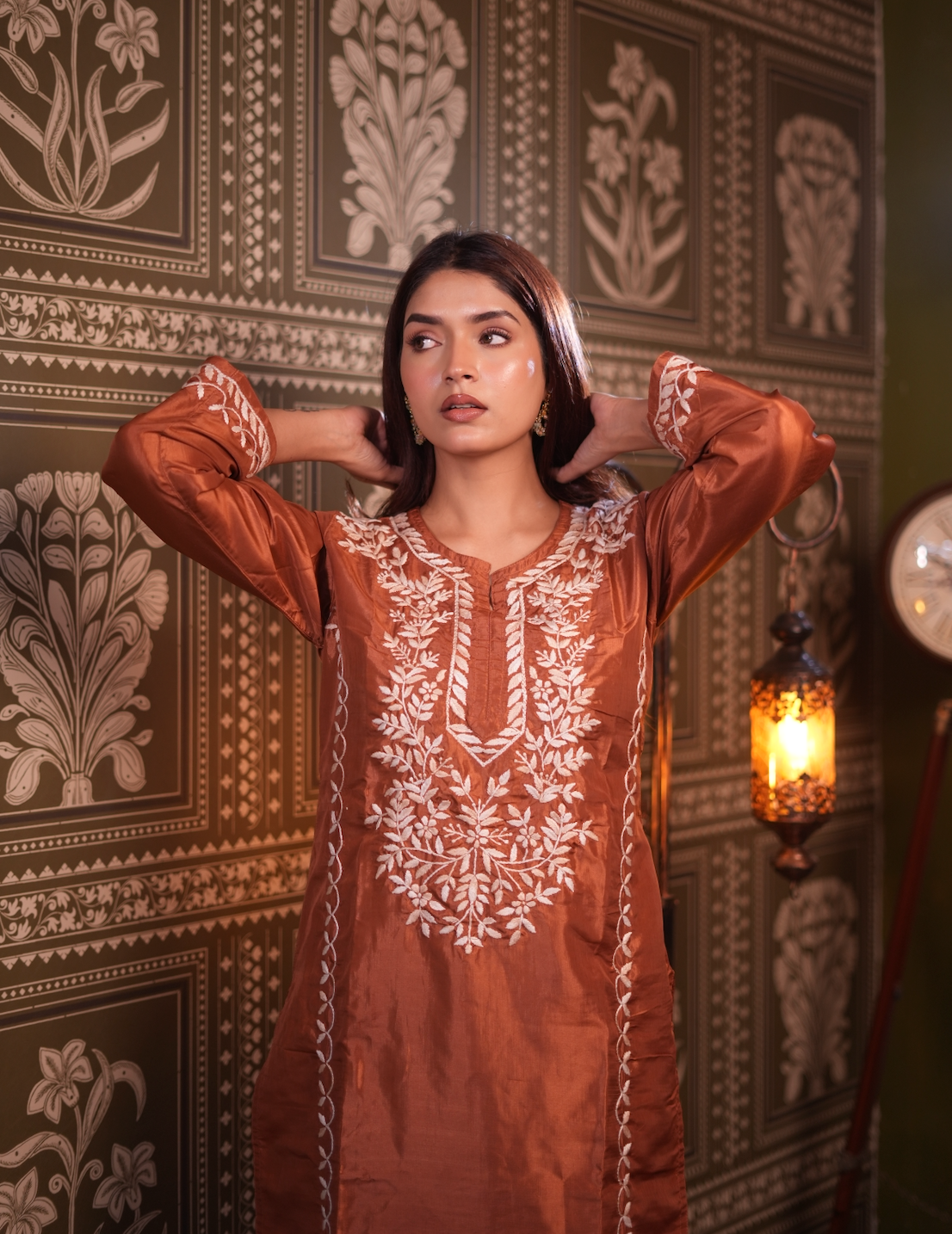 Elegant Silk Chikankari Kurta Set for Women - Copper Brown | Traditional Indian Ethnic Wear for Festivals & Parties