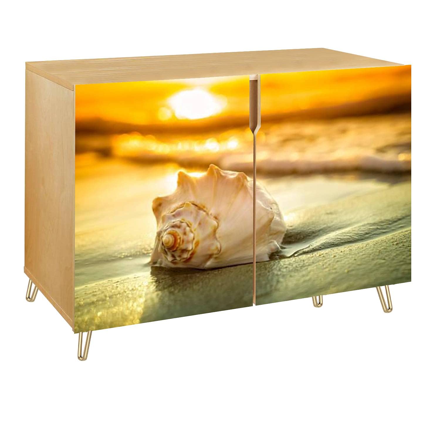 Conch Shell Sunrise & Ocean Waves Wooden Accent Cabinet - 2 Door Storage Table, Bar Cabinet, TV Stand for Entryway, Kitchen, Living Room & Hallway | Perfect for Coastal & Beach-Themed Home Decor