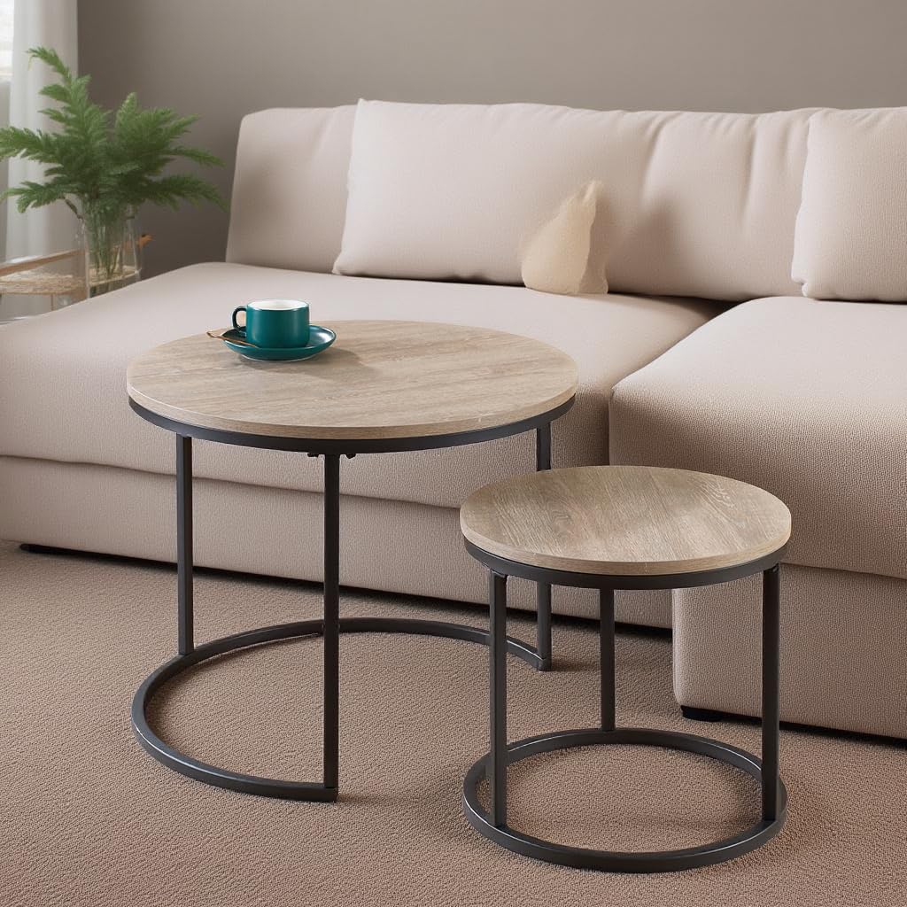 CENSI 23.6-Inch Grey Oak Round Nesting Coffee Table Set - Modern Industrial Wood & Metal Side Tables for Living Room, Lounge, Office - Space-Saving Home Decor (Grey Wash Finish)