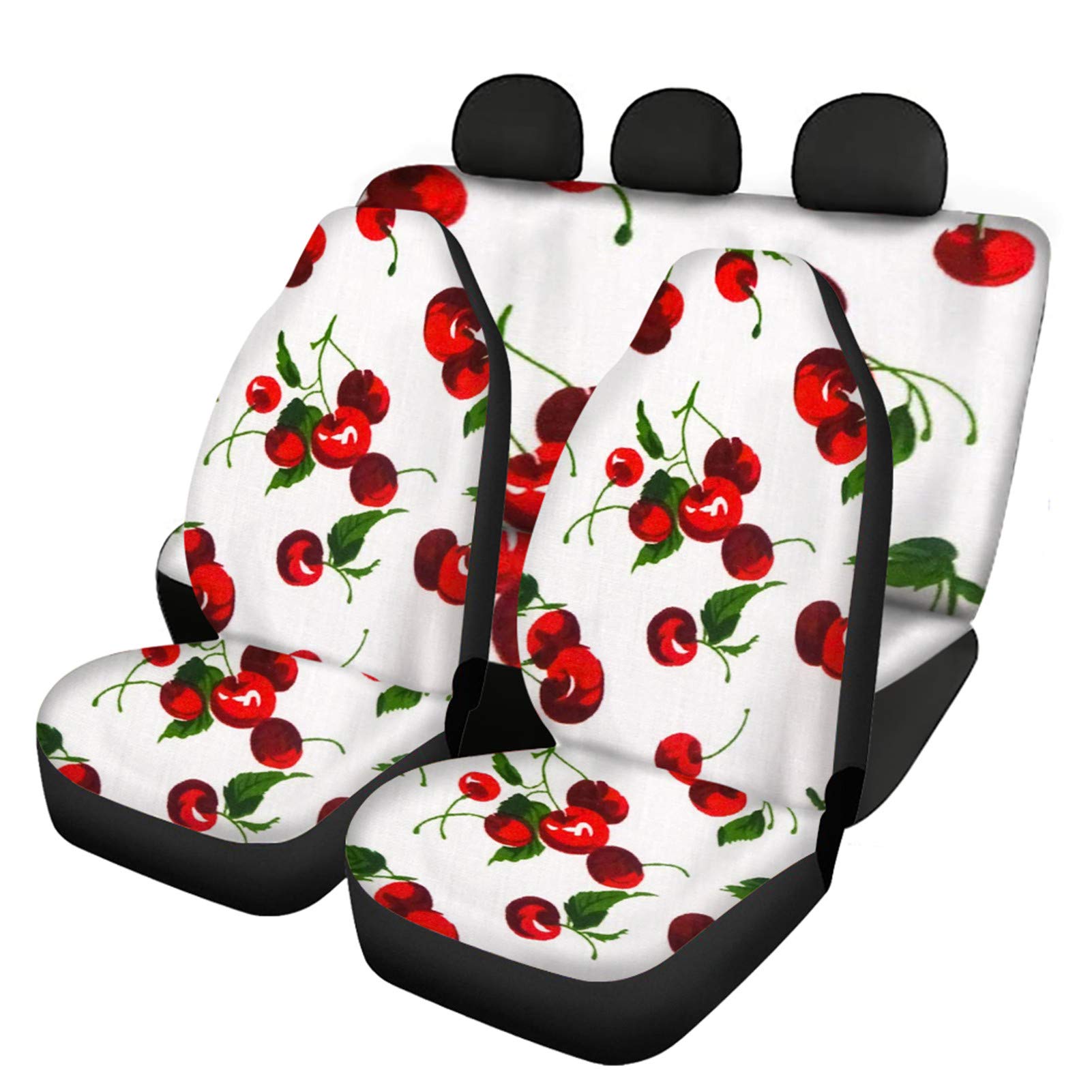 FUSURIRE Cherry Pattern Car Seat Covers Full Set - 4 Pcs Front Bucket & Back Seat Covers with Saddle Blanket for SUV, Truck - Perfect for Road Trips & Daily Commute