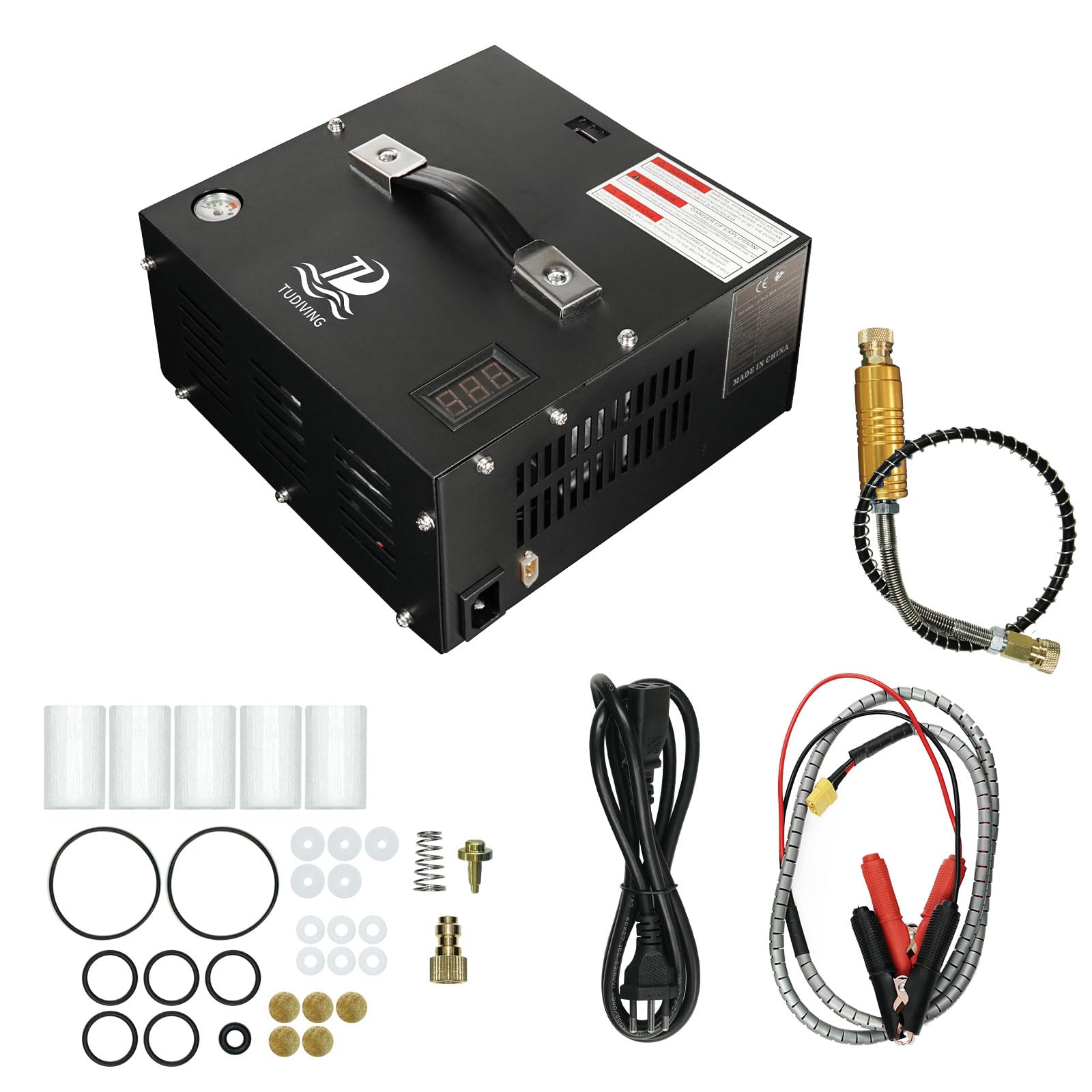 TUDIVING 4500Psi Portable PCP Air Compressor - High Pressure 12V Car Pump with Power Adapter | Scuba Tank Compressor for Diving Tanks, PCP Air Rifles & Paintball Guns | 110V Electric Air Pump for Outdoor Sports, Hunting & Shooting (Model TXES061)