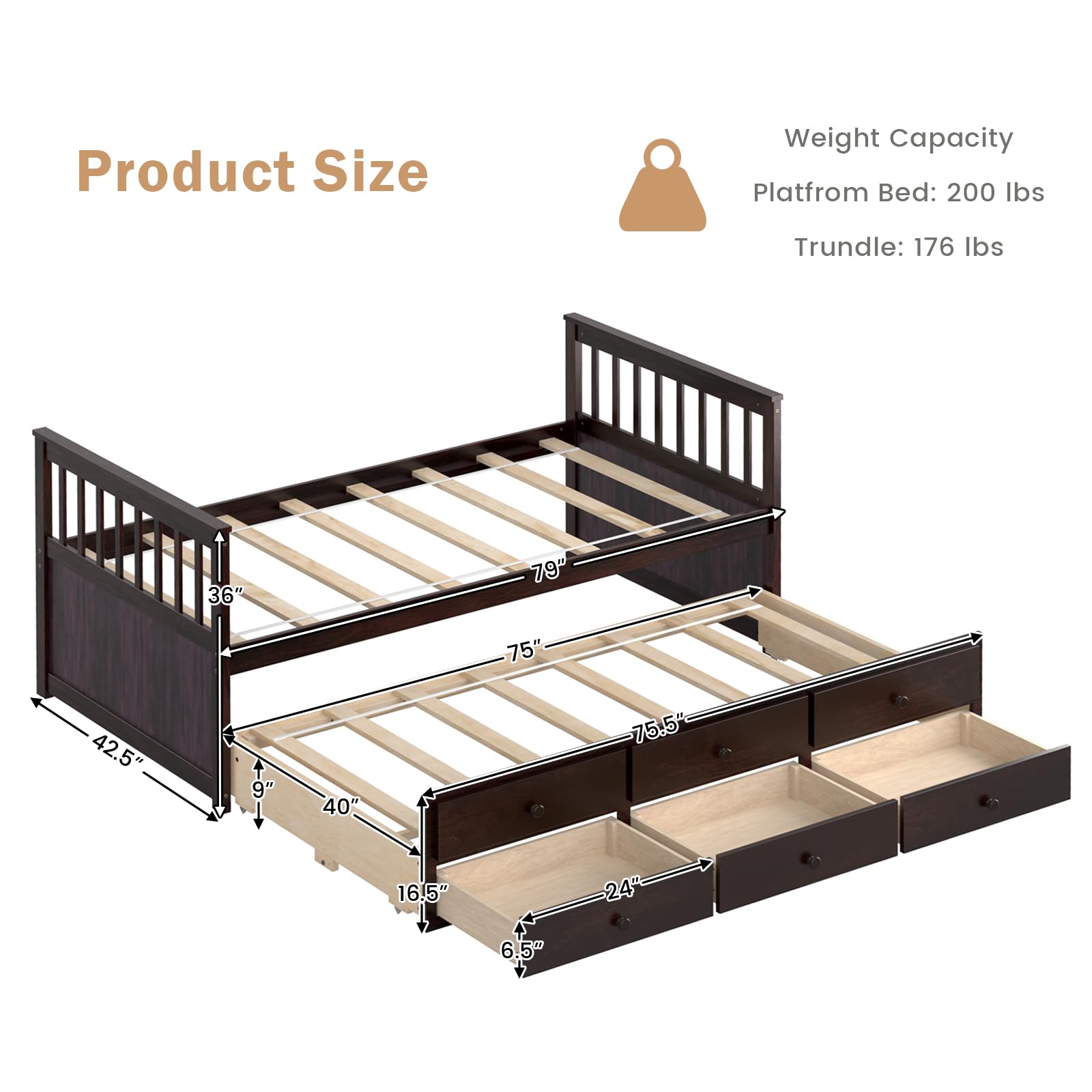 DORTALA Twin Size Trundle Bed with Storage Drawers - Wooden Daybed Frame for Boys, Girls & Adults - No Box Spring Needed - Modern Espresso Captains Bed - Perfect for Bedroom, Guest Room & Small Spaces