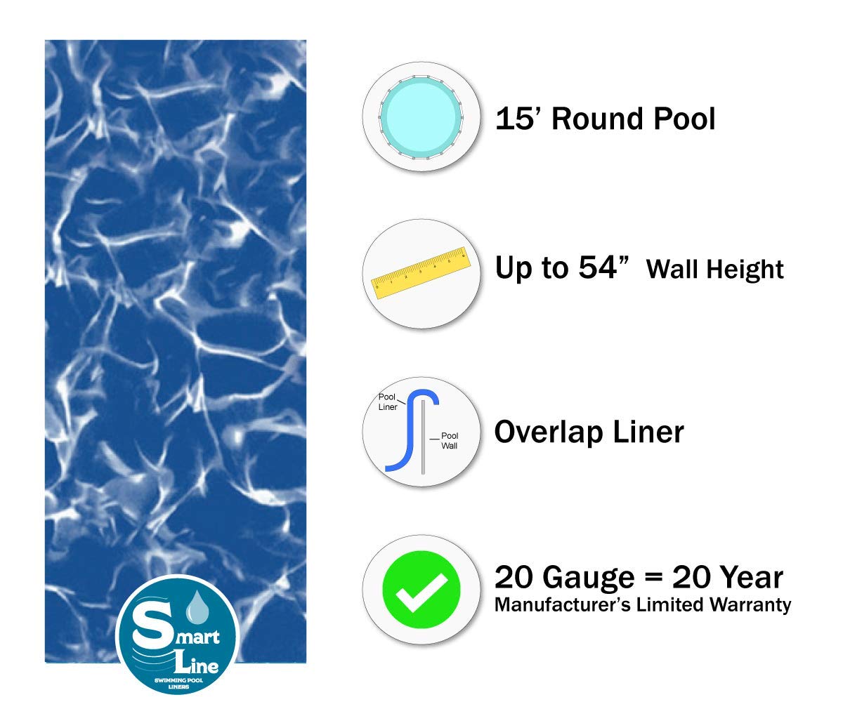 Smartline 15 ft Round Overlap Pool Liner for Above Ground Swimming Pools - 20 Gauge Virgin Vinyl, 54