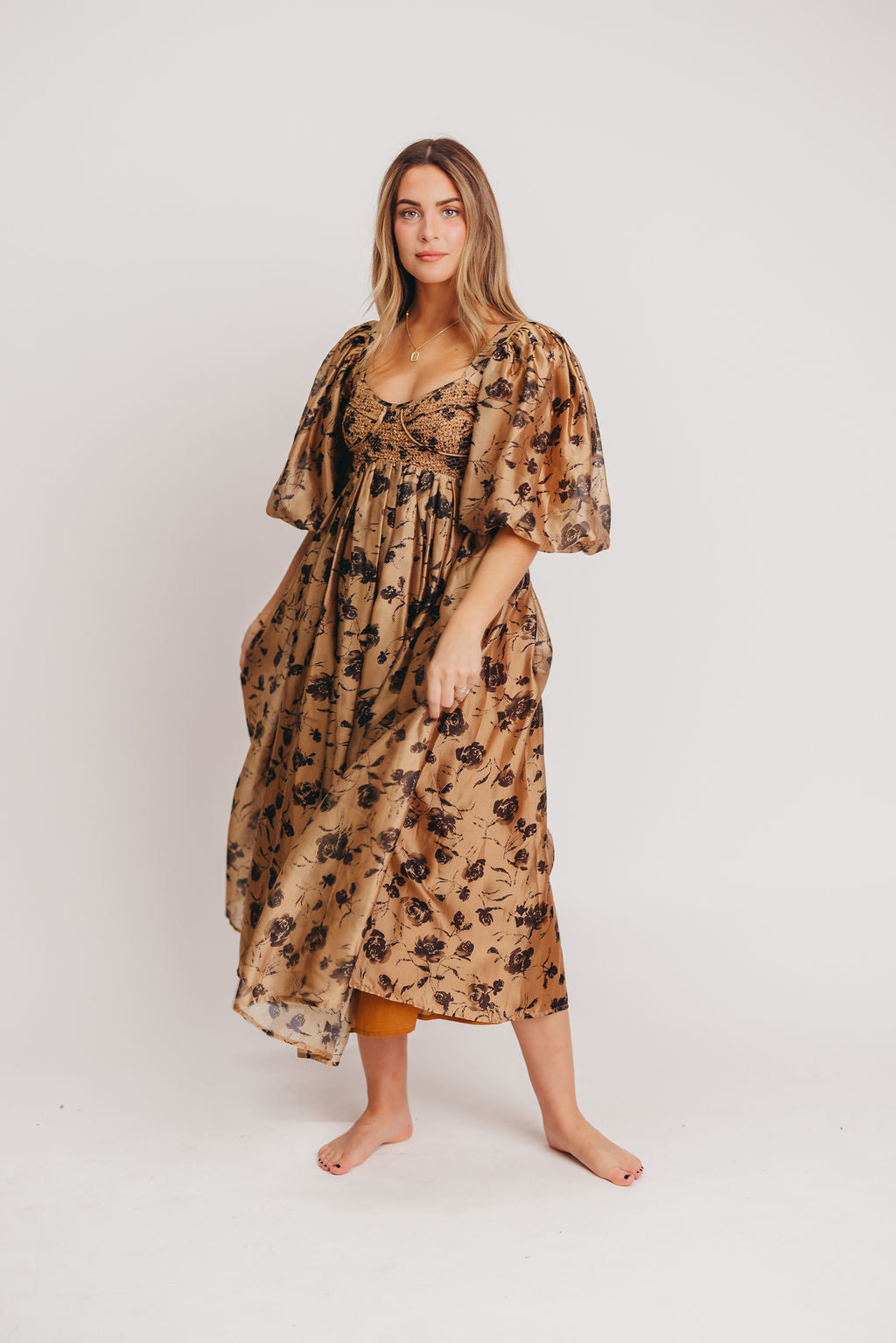 Harlow Camel & Black Floral Maxi Dress with Stretchy Neckline - Bump Friendly Maternity Dress for Women | Perfect for Pregnancy, Special Occasions & Everyday Wear (Restocking Early Fall)