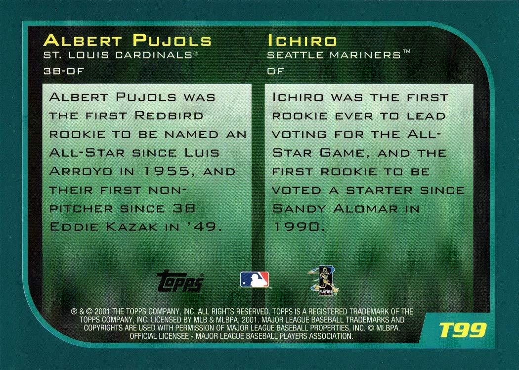2001 Topps Traded Baseball Card #T99 Ichiro Suzuki & Albert Pujols Rookie of the Year - Rare Collectible for Baseball Fans & Sports Memorabilia Enthusiasts (Perfect for Display, Investment & Gift Giving)