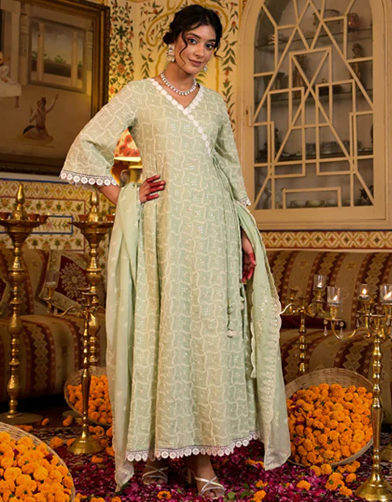Pista Green Pure Cotton Angrakha Anarkali Kurta Trouser with Dupatta Set | Traditional Indian Ethnic Wear for Women | Perfect for Festivals, Weddings & Special Occasions