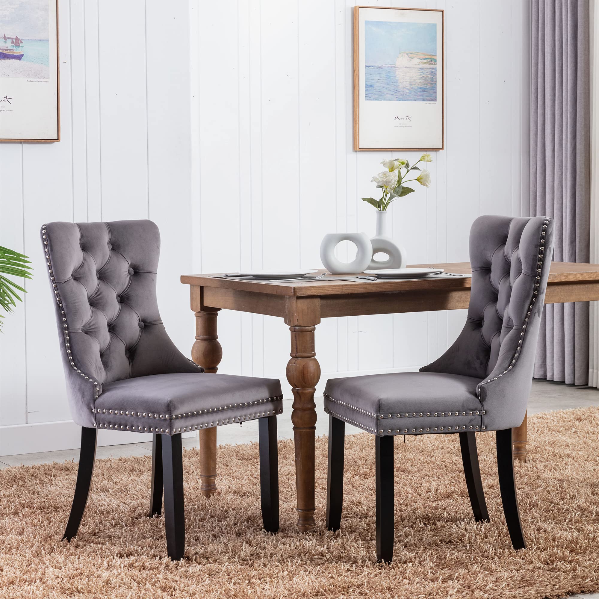 Virabit Tufted Velvet Dining Chairs Set of 2 - Upholstered Kitchen Chairs with Nailhead Trim & Solid Wood Legs - Elegant Grey Accent Chairs for Dining Room, Bedroom or Home Office Decor