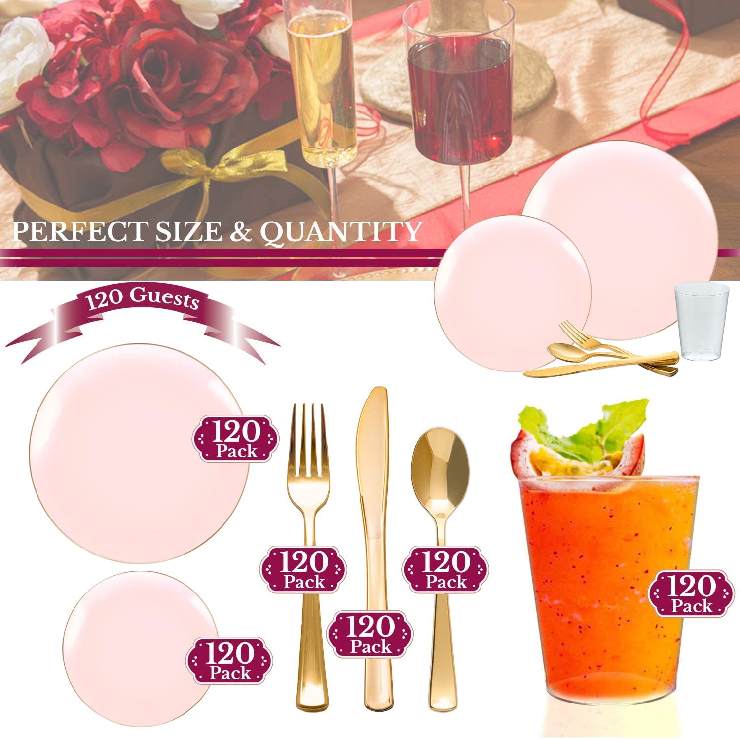 Eco-Friendly Disposable Plastic Plates with Elegant Rim Design - Bulk Round Dinnerware for Wedding, Birthday Party & Special Events (Pink & Gold, 120-Piece Wedding Set) | Perfect for Catering, Outdoor Events & Home Entertaining