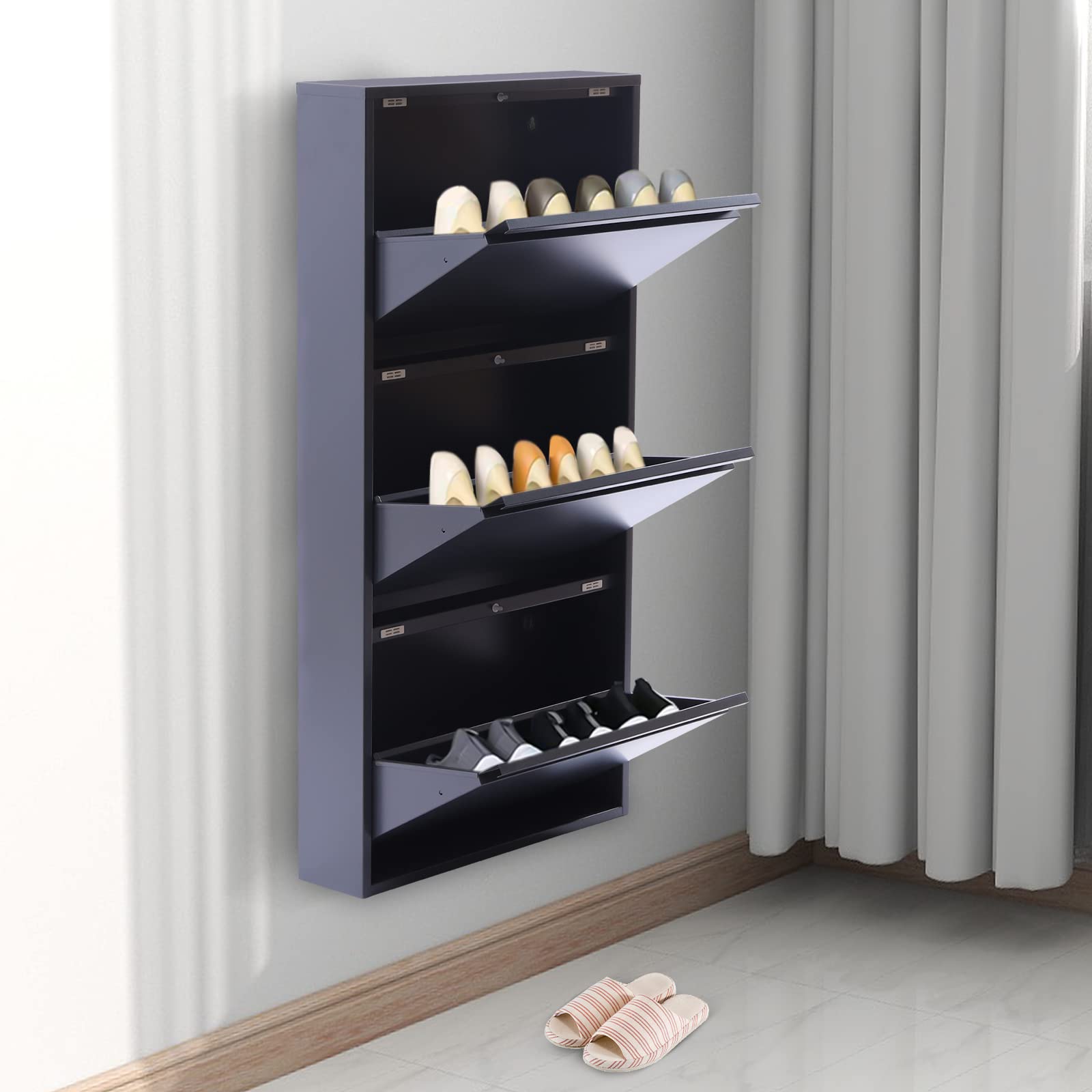 3 Drawer Wall Mounted Shoe Storage Cabinet - No Assembly Metal Shoe Organizer for Entryway, Hallway & Corridor | Holds 9 Pairs of Shoes | Space Saving Grey Cabinet for Small Apartments & Closet Organization
