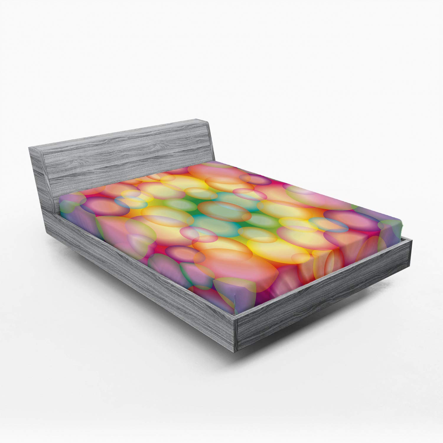 Ambesonne Modern Fitted Sheet - Vibrant Rainbow Bubbles Art Print, Deep Pocket Elastic Queen Size Bed Cover | Colorful Circular Hoops Design for Comfortable Sleep | Perfect for Guest Rooms, Kids' Bedrooms & Dorm Decor