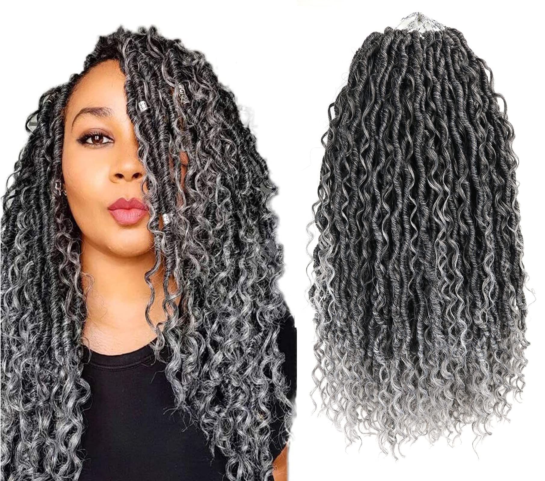 14 Inch Goddess Locs Crochet Hair Extensions - 8 Pack Boho River Locs with Wavy Curly Ends (TGrey) | Perfect for Hippie Style, Festival Looks & Protective Hairstyles