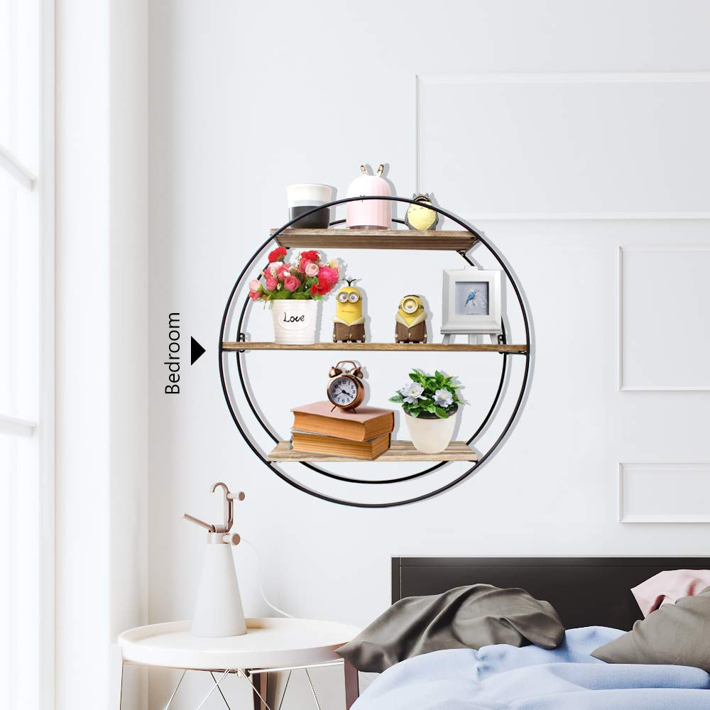 Rustic Floating Shelves - 3 Tier Geometric Wall Shelf Decor, Wood & Metal Farmhouse Style for Bedroom, Living Room, Kitchen & Office | Perfect for Displaying Books, Plants & Home Decor (Round)
