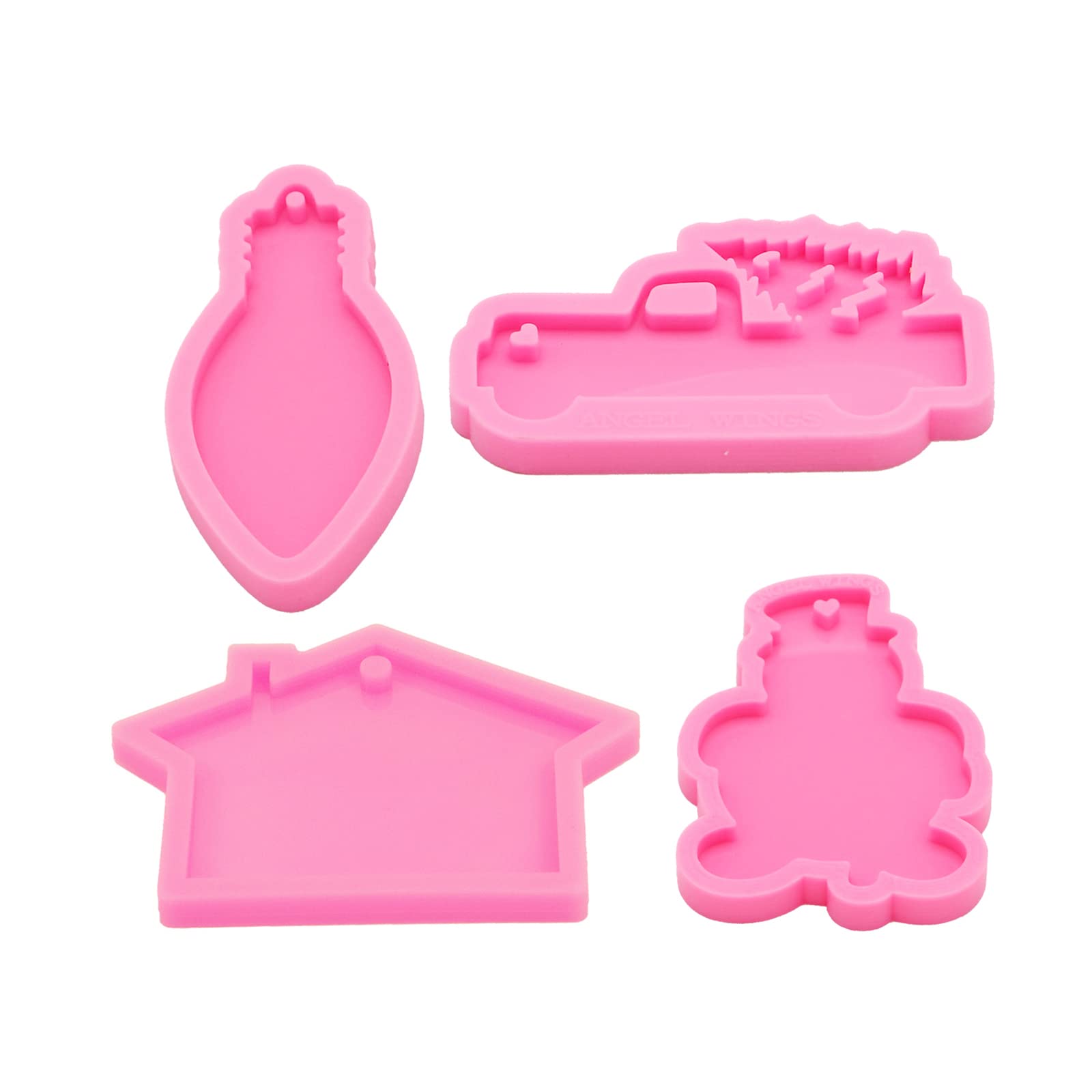 4-Piece Glossy Silicone Mold Set - Christmas House, Truck with Tree, Lights & Snowman Keychain Molds for Epoxy Resin DIY Crafts (Includes 10 Key Rings) - Perfect for Holiday Decorations, Gift Making & Resin Art Projects
