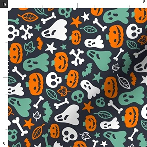 Halloween Retro Pattern Fabric - Pumpkins, Skulls, Bones & Bats Printed on Petal Signature Cotton by The Yard for Sewing, Quilting, Apparel & DIY Decor | Cute Costume & Ghost Design for Seasonal Crafts, Home Decor & Party Supplies