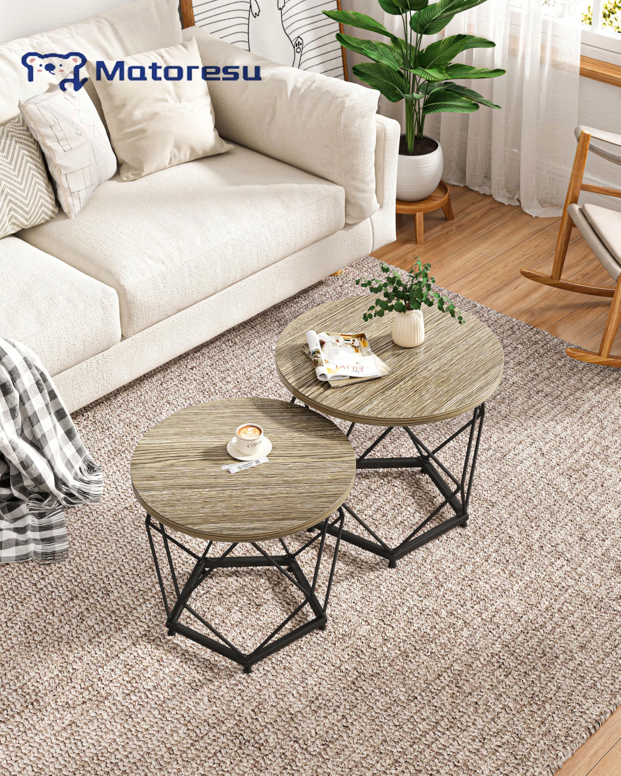 Modern Round Coffee Table Set of 2 - Sturdy Metal Frame Side Tables for Living Room, Bedroom & Office - Easy Assembly Home Decor Accent Pieces - Perfect for Small Spaces, Sofa End Tables and Coffee Table Replacement