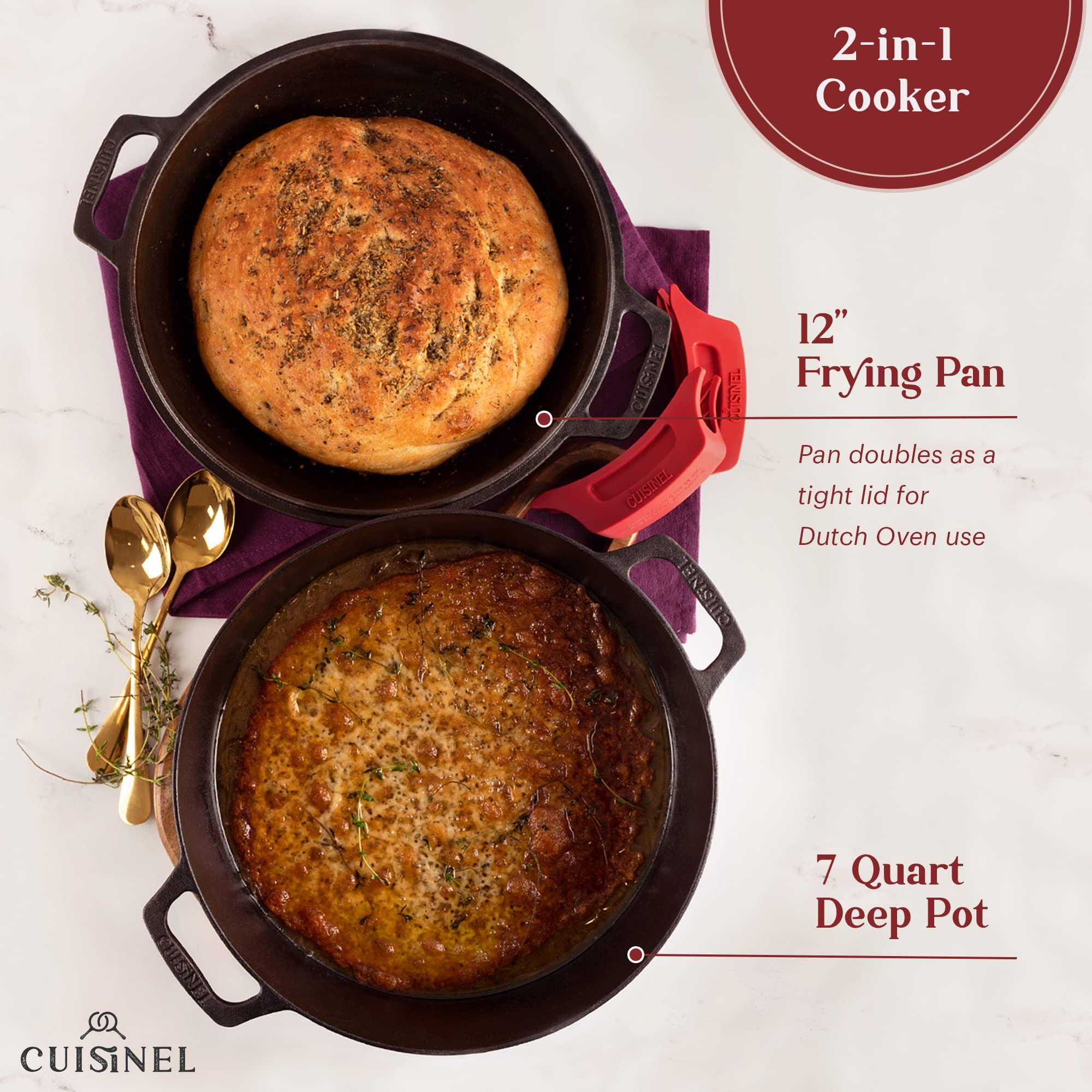 Cuisinel 7-Quart Cast Iron Dutch Oven with Combo Lid - Pre-Seasoned 2-in-1 Deep Pot & 12