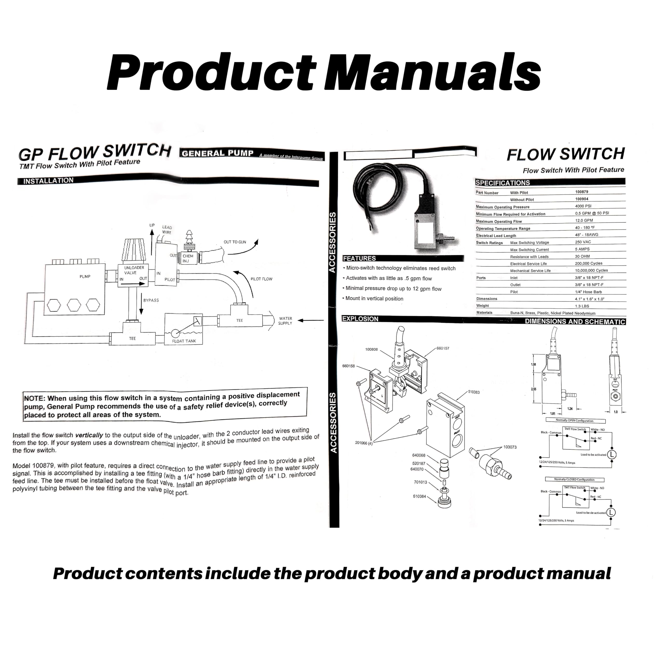 100879 Reedless Flow Switch with Pilot Feature, 3/8in FPT Inlet/Outlet, 5amp, 12.0 GPM, 4000 psi - High Pressure Water Flow Monitor for Industrial Hydraulic Systems & Plumbing Applications