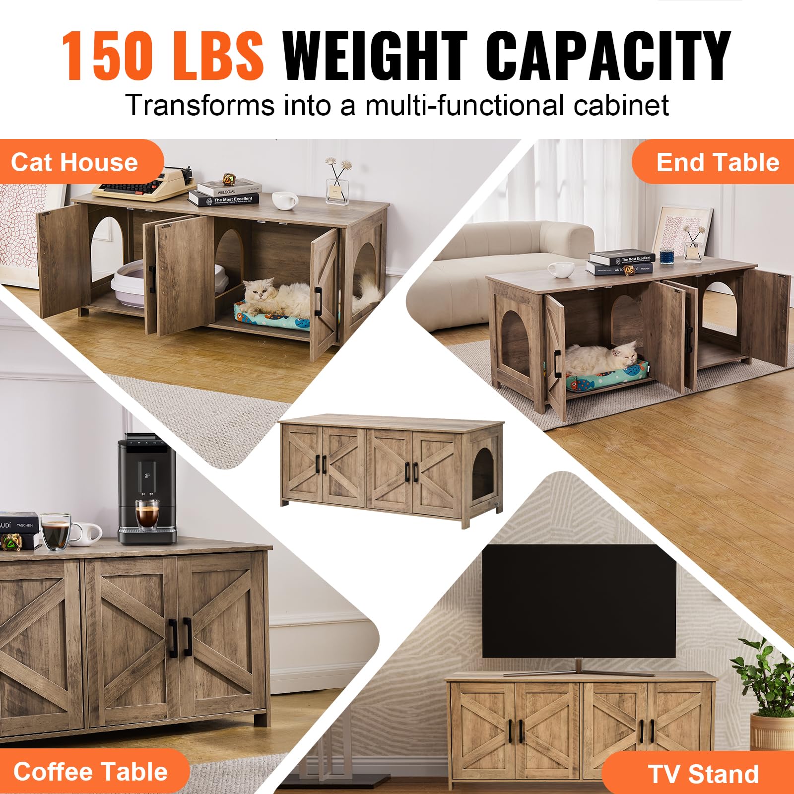 VEVOR Wooden Cat Litter Box Enclosure Cabinet for 2 Cats - Double Room Hidden Litter Box Furniture (47.2