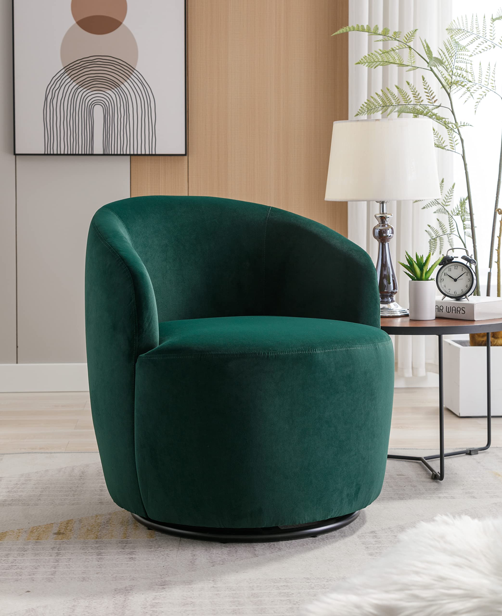 NicBex Velvet Swivel Accent Chair - Upholstered Barrel Armchair with Black Powder-Coated Metal Base for Living Room, Bedroom & Makeup Area | Comfy Green Velvet Fabric, 360-Degree Rotation