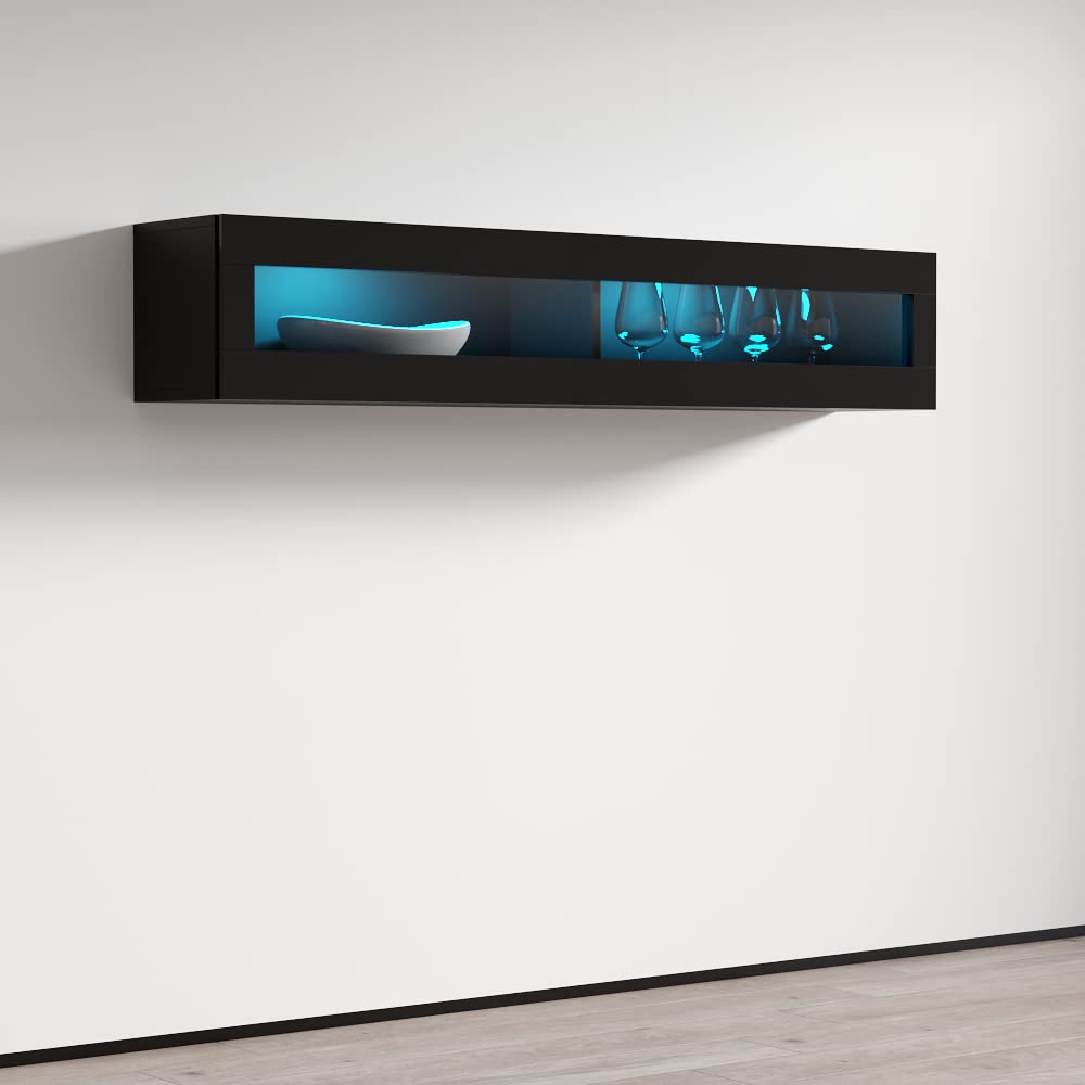 Modern Floating Media Cabinet - Durable Wooden Wall-Mounted Storage with High Gloss Finish & LED Lighting - Black Rectangular TV Stand for Living Room, Bedroom, or Home Theater