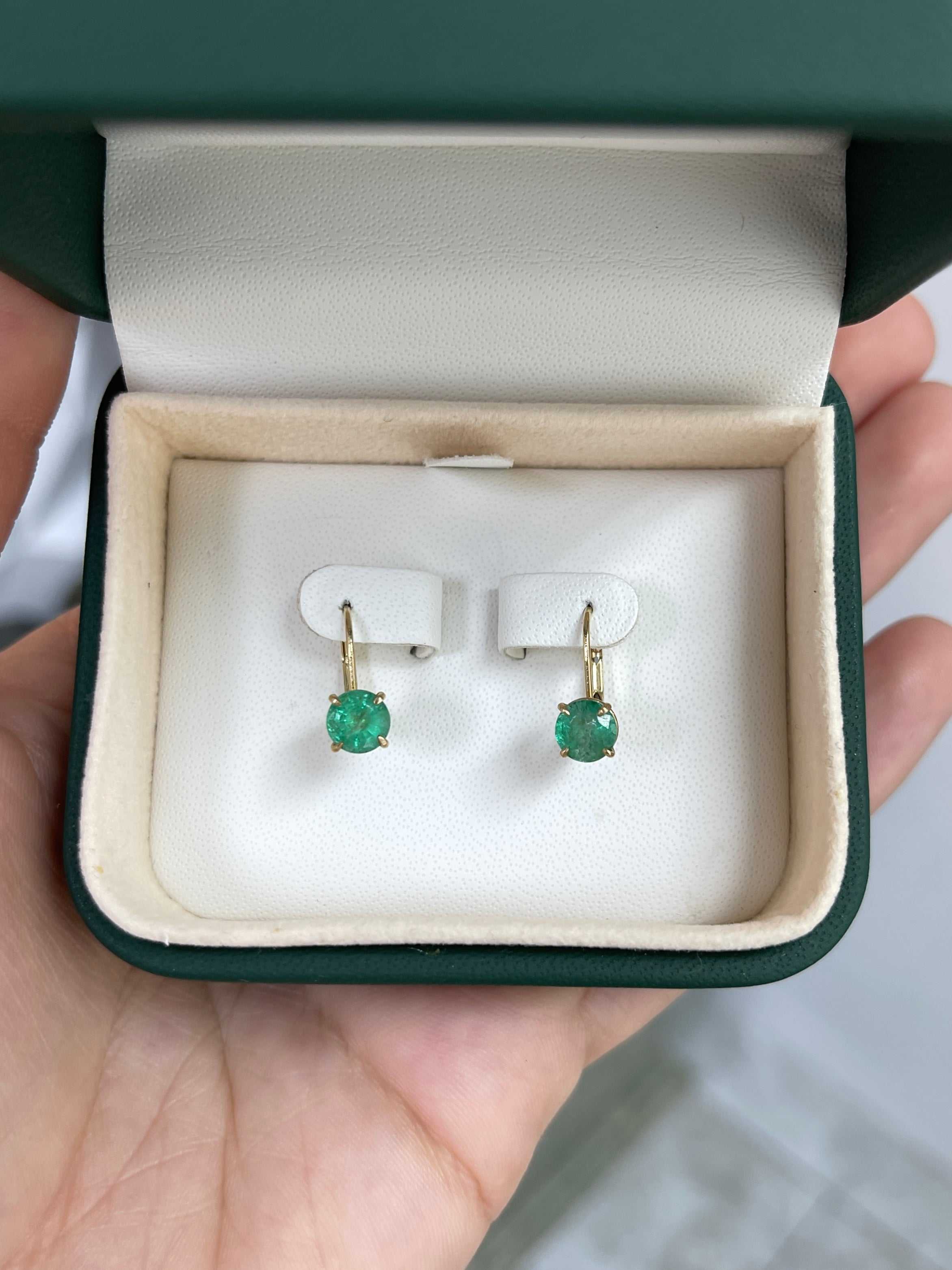 1.50tcw Round Emerald Lever Back Earrings 14K Gold - Elegant Dangle Earrings for Women, Perfect for Weddings, Parties & Special Occasions