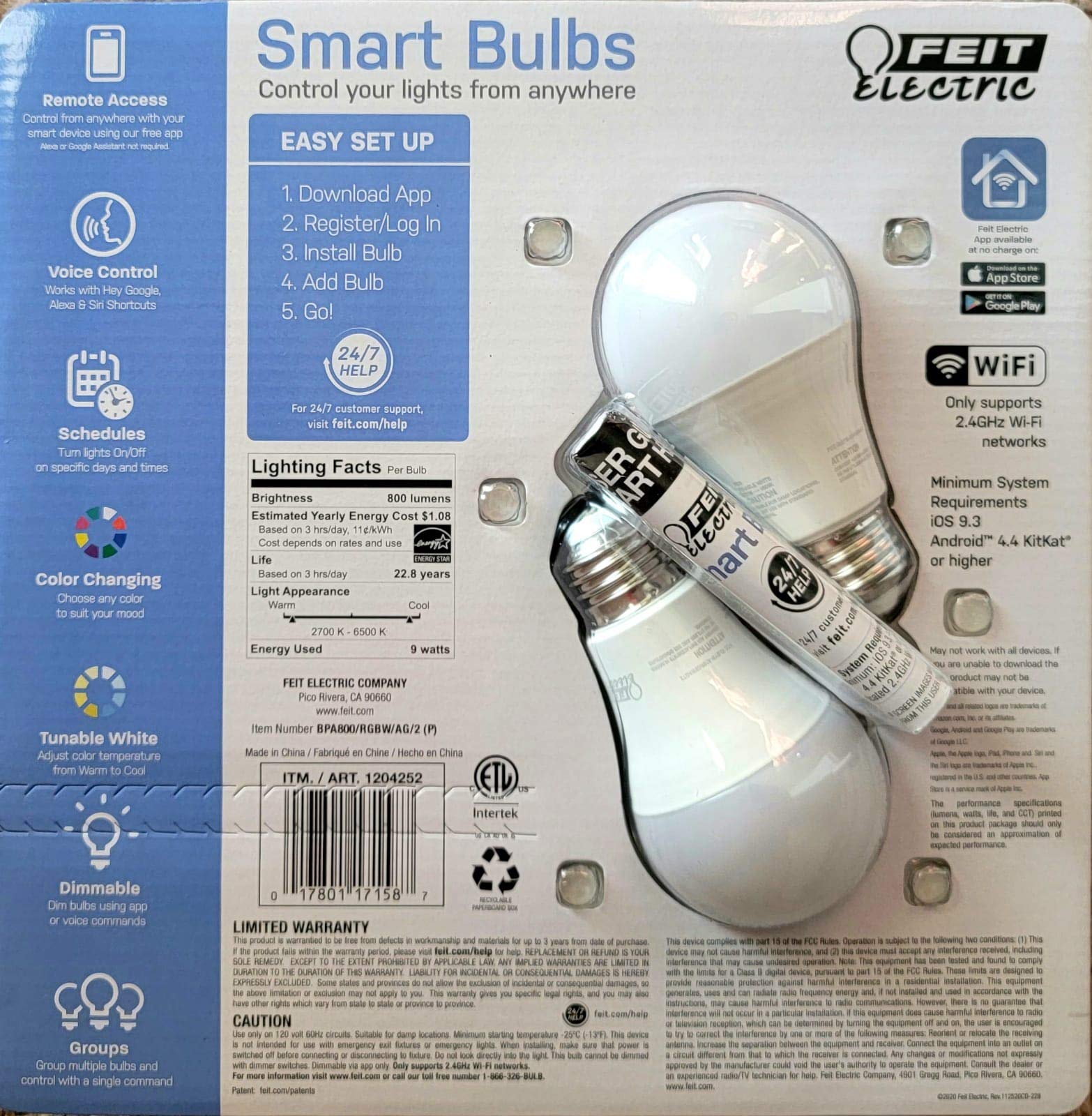 Feit Electric Smart Wi-Fi LED Color Changing Dimmable 60W Light Bulbs (2 Pack, White) - Perfect for Home Lighting, Smart Home Automation & Mood Lighting