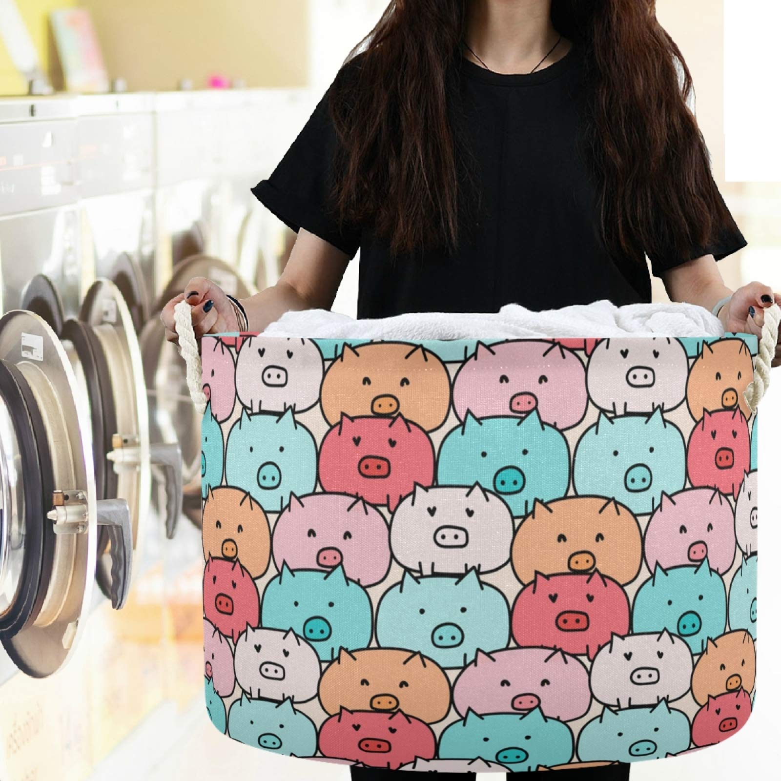 Visesunny Collapsible Large Capacity Pig Cartoon Storage Basket - Durable Cotton Handles Laundry Hamper for Clothes, Toys & Home Organization - Perfect for Bathroom, Bedroom, Nursery & Closet Storage Solutions