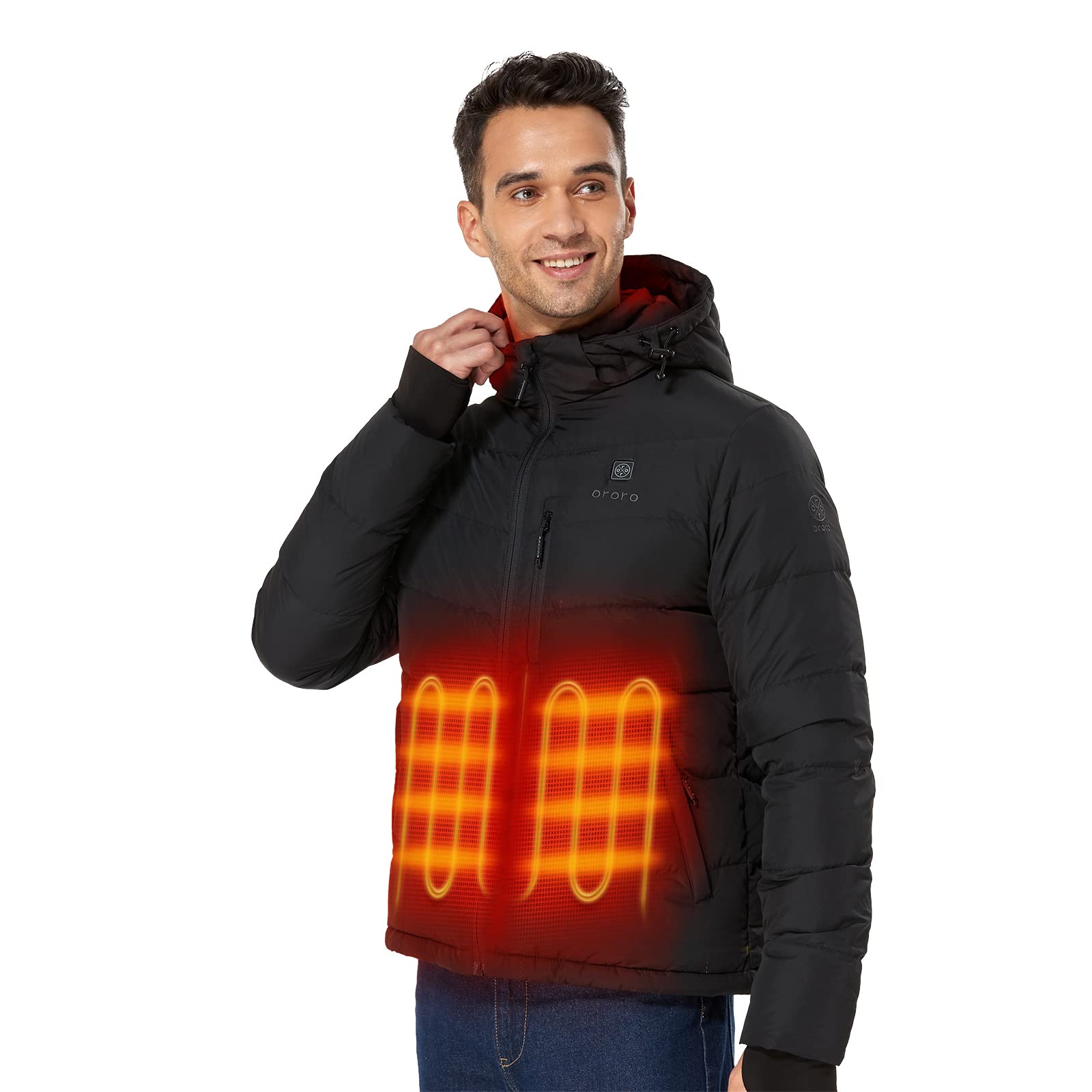 ORORO Men's Heated Down Jacket with Rechargeable Battery - Lightweight Winter Heated Coat for Cold Weather, Outdoor Activities & Work | USB-Powered Warm Jacket for Hunting, Skiing & Commuting